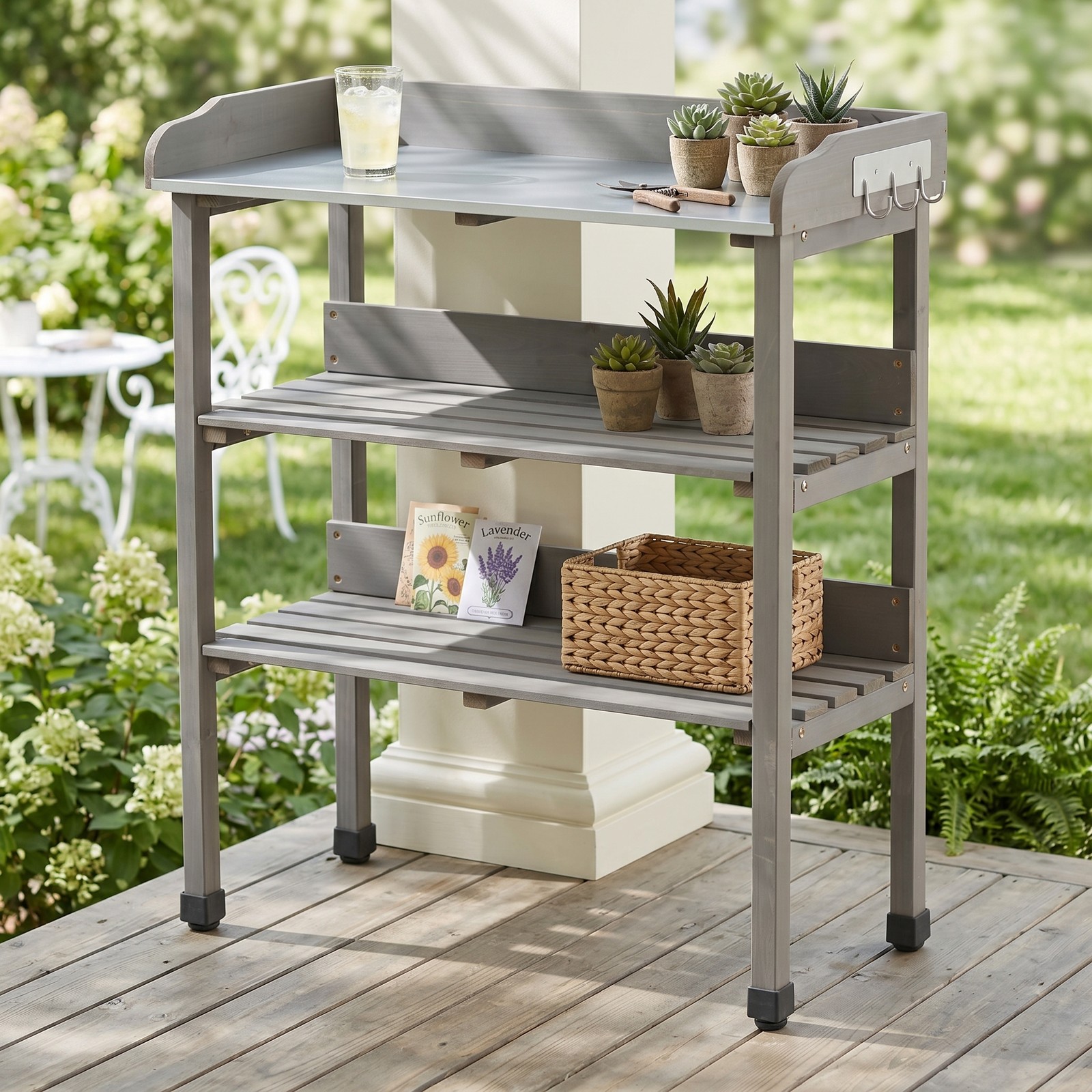 Potting Table with Metal Top, 3-Tier Solid Wood Workbench, 30.5" L
