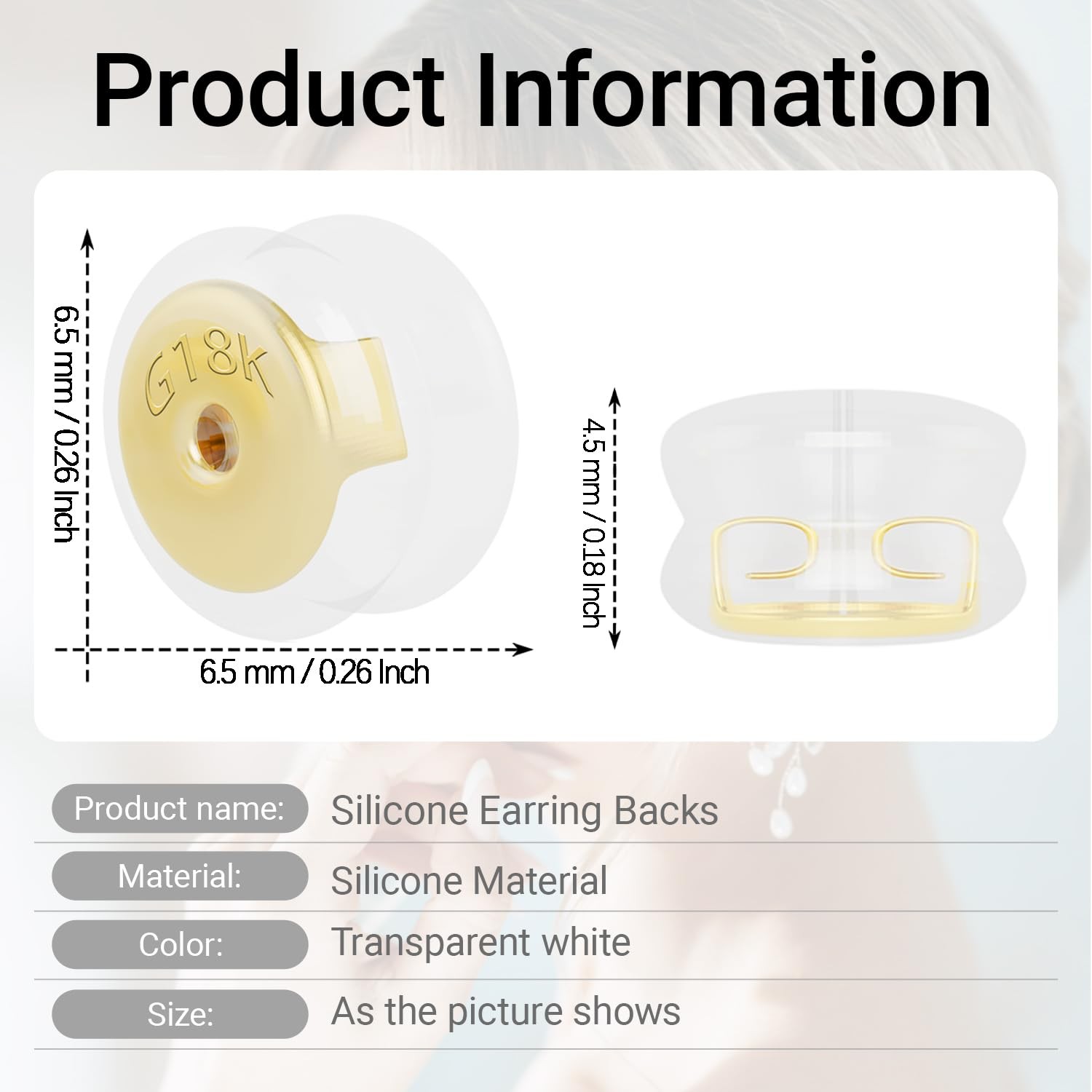 18K Gold Locking Secure Earring Backs for Studs, Silicone 6.5MM