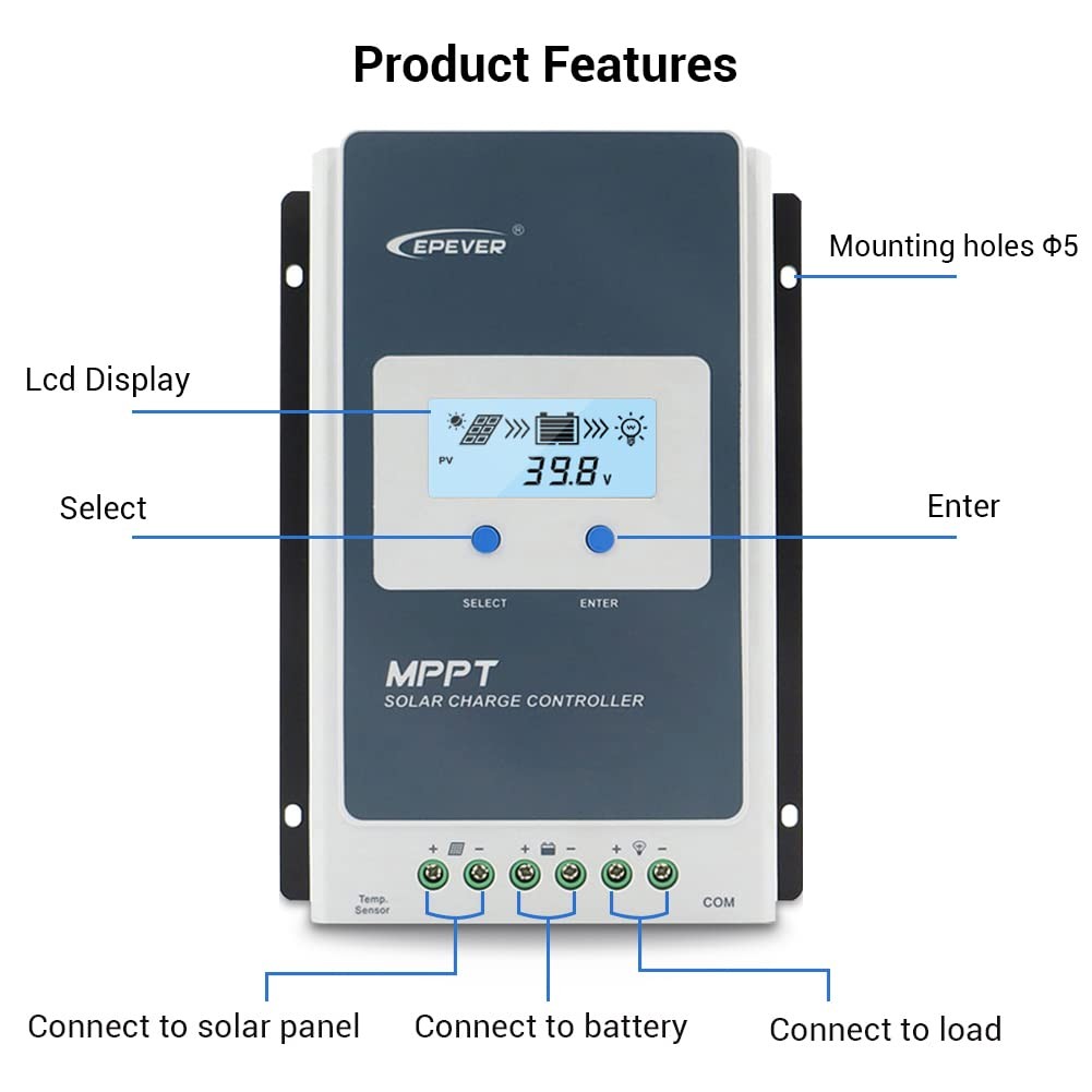 Epever 30A Solar Charge Controller Mppt 12V / 24V Auto Max.Pv 100V Input