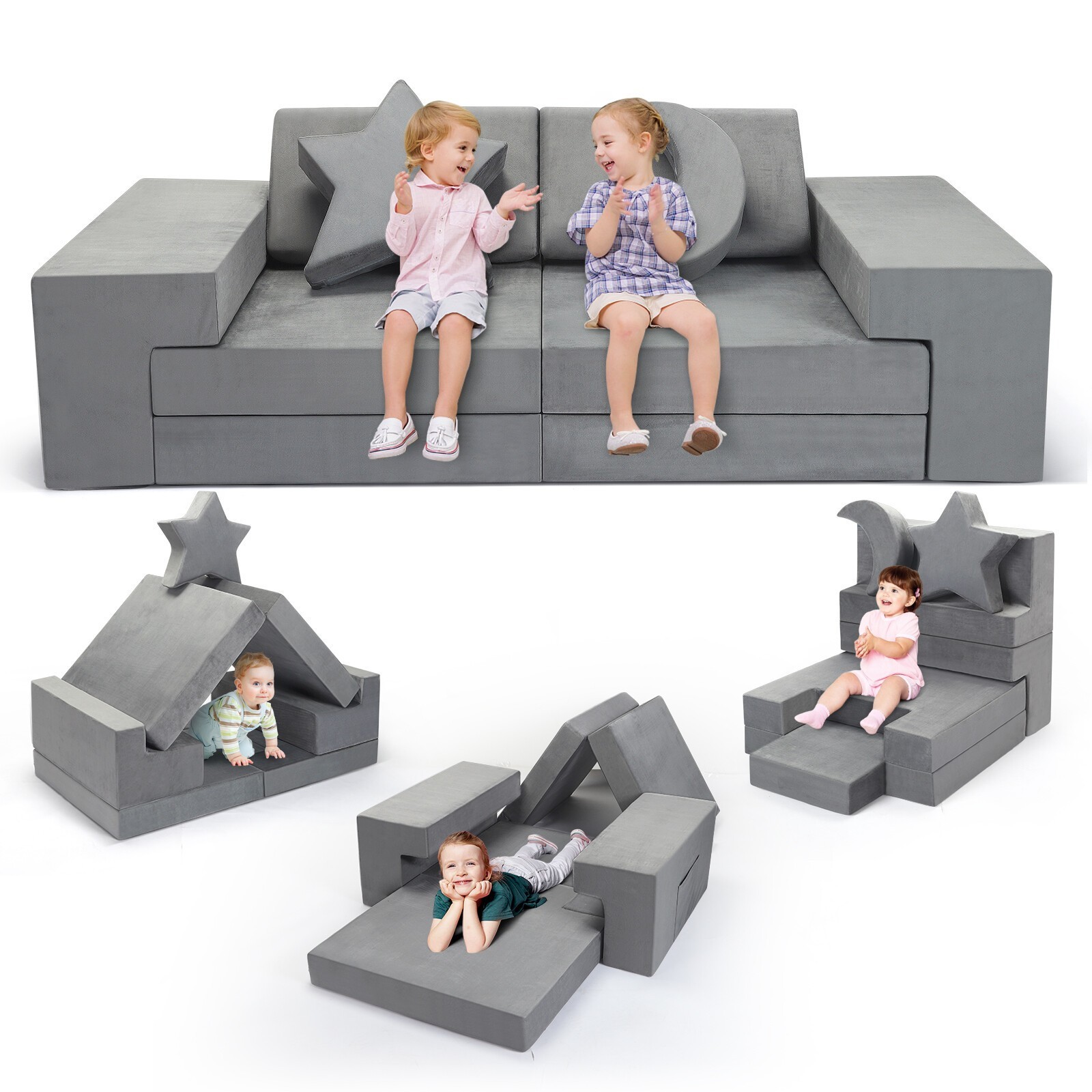 Modular Kids Play Couch for Playroom Bedroom, 9 in 1 Gray, Kids Large Game Toy