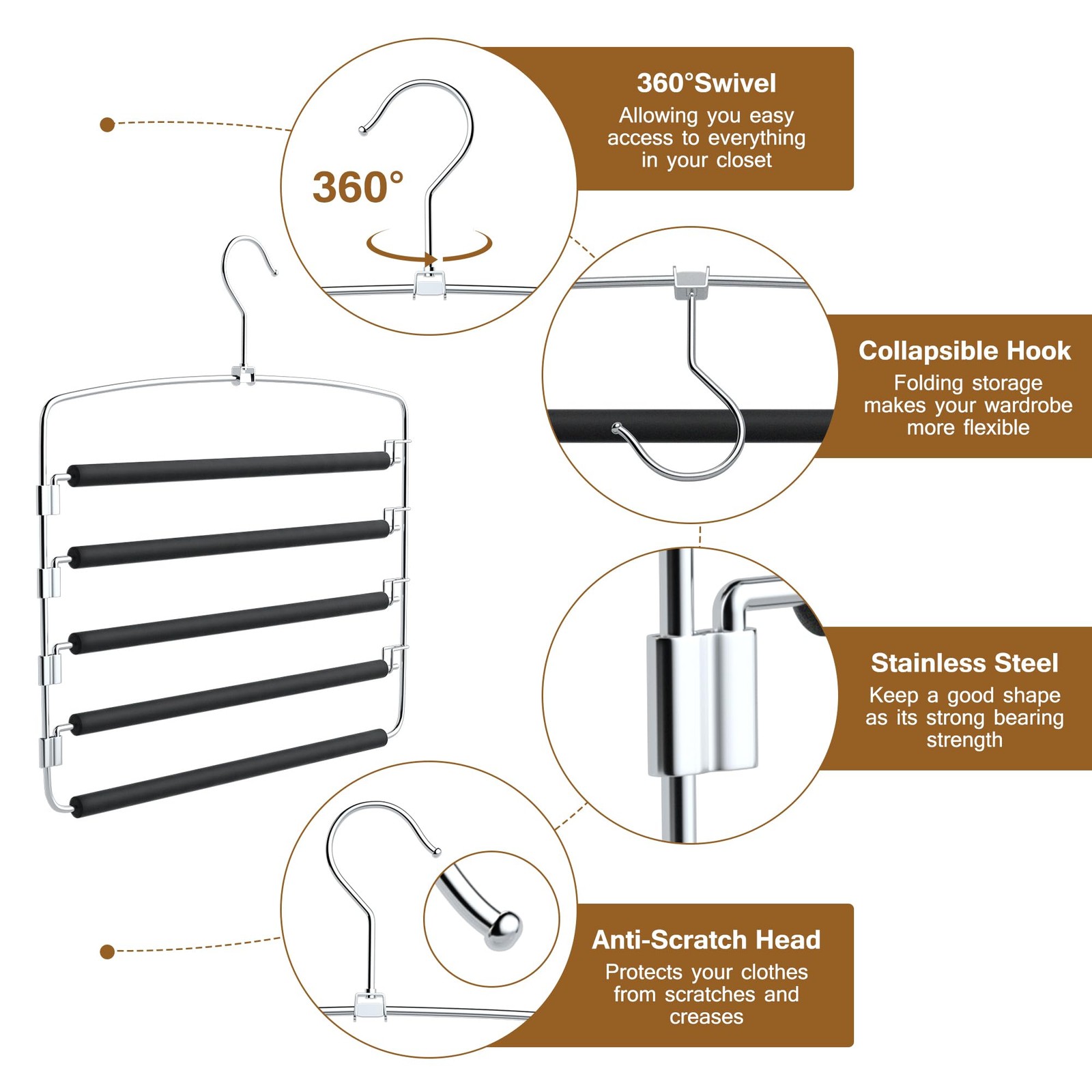 Pants Hangers Space Saving, 2 Pack Anti-Slip Space Saving Hangers, 5 Layer Sw...