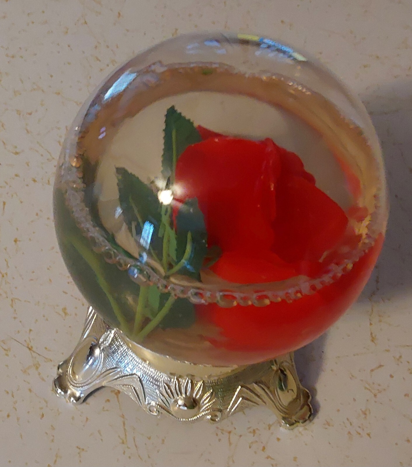 Floating ROSE Flower inside Glass Globe on Decorative TIN Base