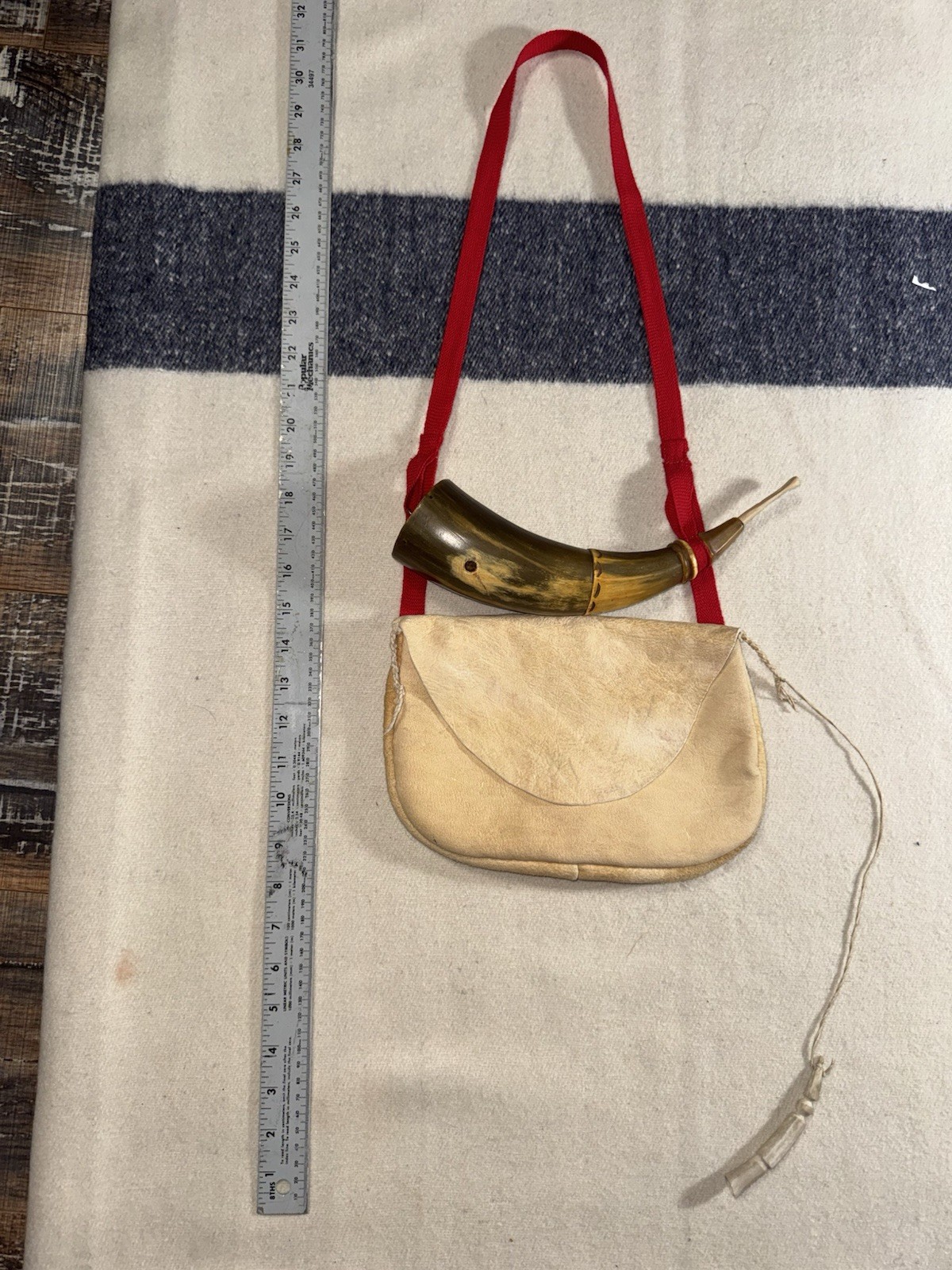 Braintan Shooting Pouch For A Flintlock Rifle, Antique Powerhorn And Measure