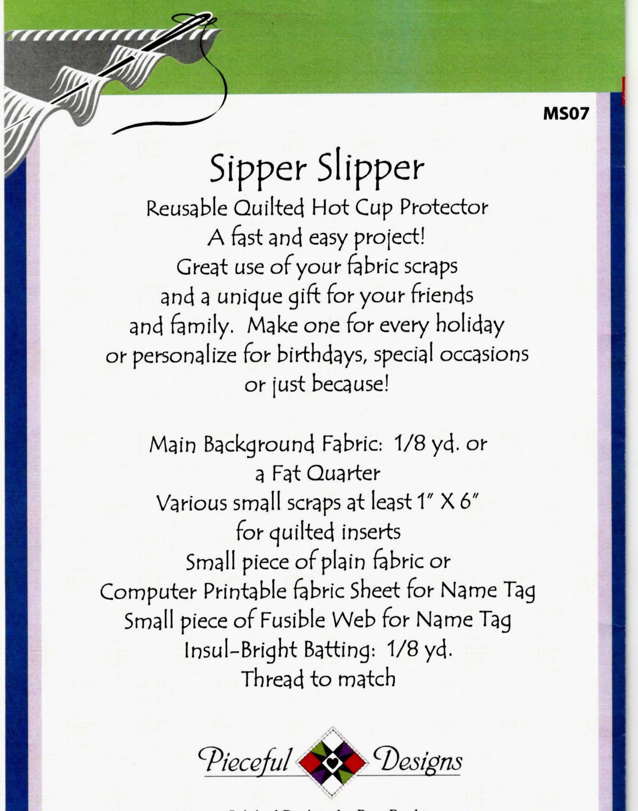 Sipper Slipper Reusable Hot Cup Protector Pattern by Pieceful Designs MS07