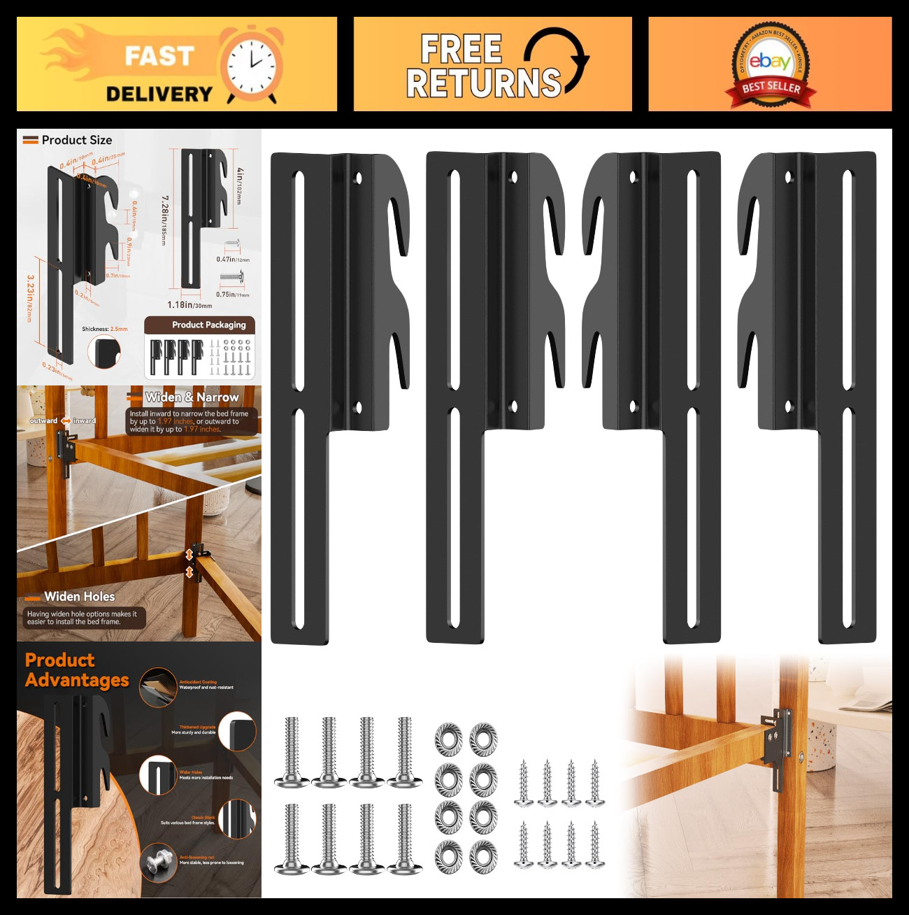 4Pcs Bed Frame Conversion Brackets, Hook-On to Bolt-On, Adjustable, Universal, B