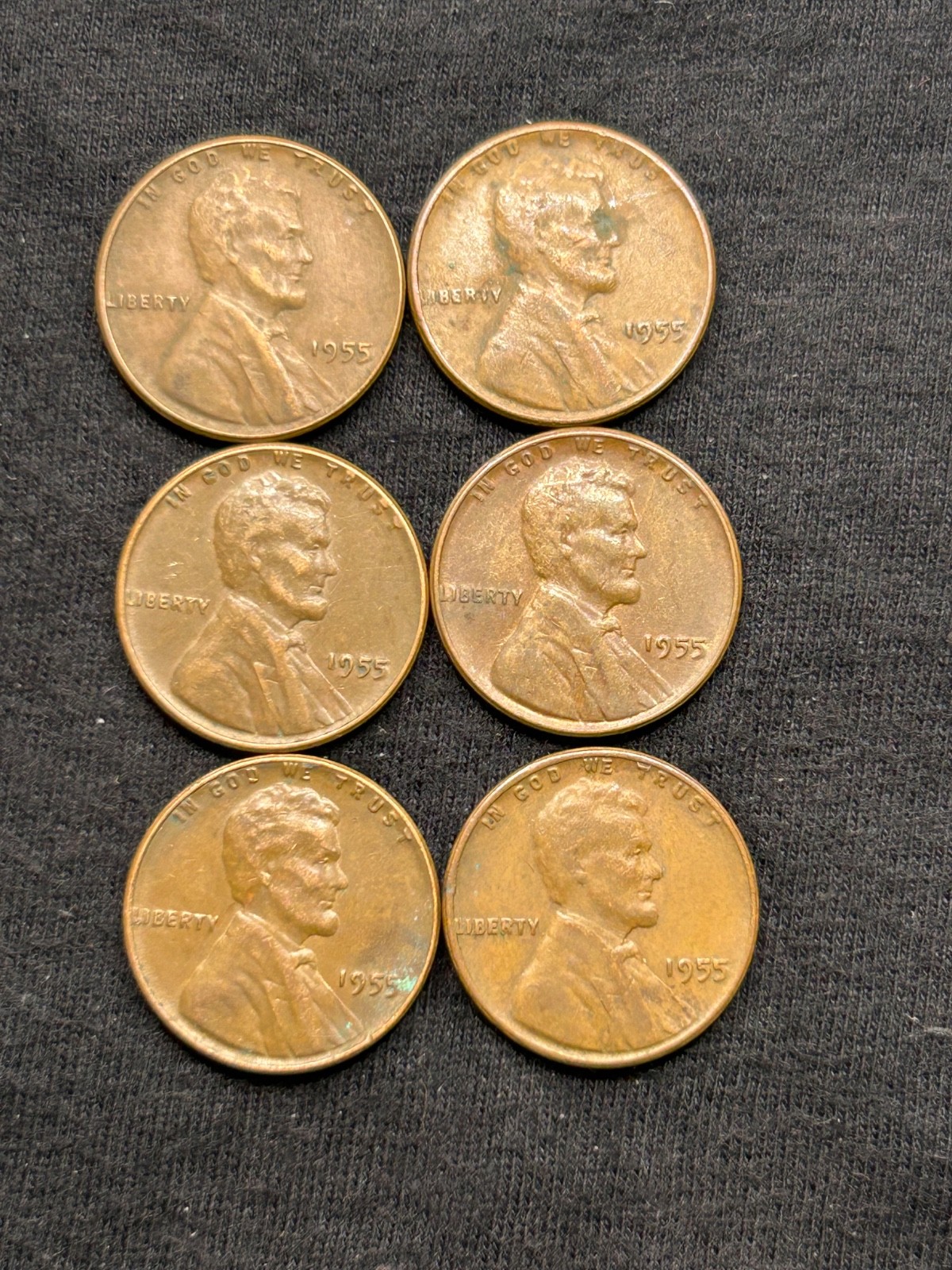 1955 P LINCOLN CENTS, 6 COIN LOT