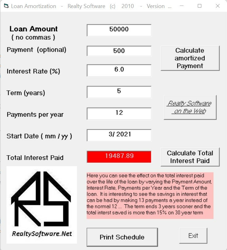 Loan Amortization Program with Print out Capability for Windows
