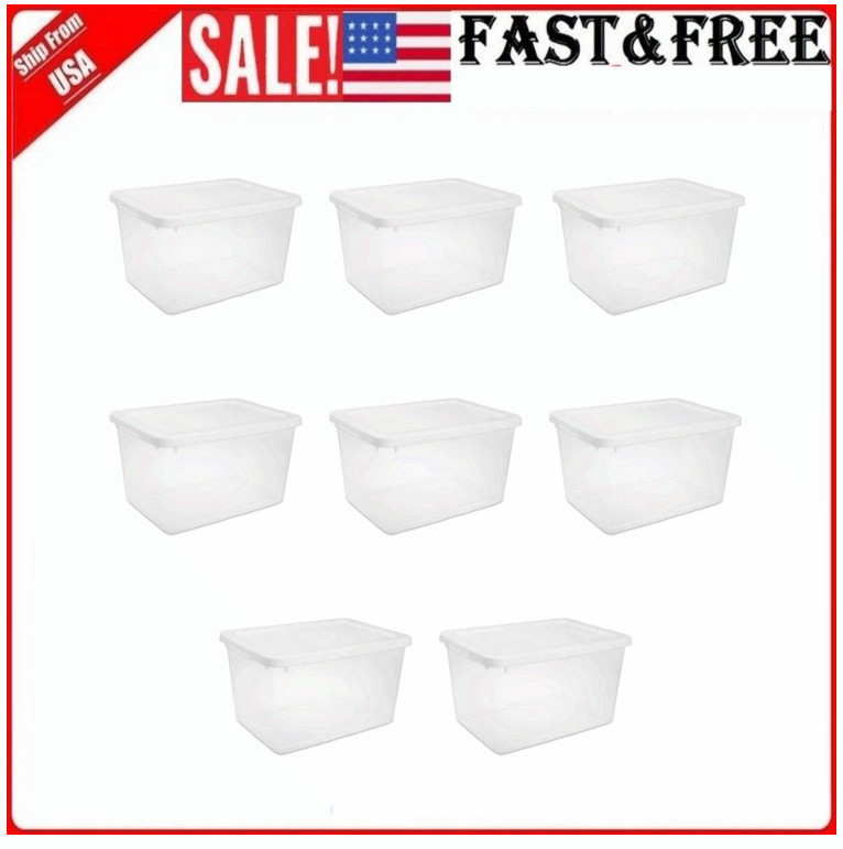 Sterilite 20 Quart Clear Plastic Storage Container w/ Snap-On Lid, White, 8 Pack