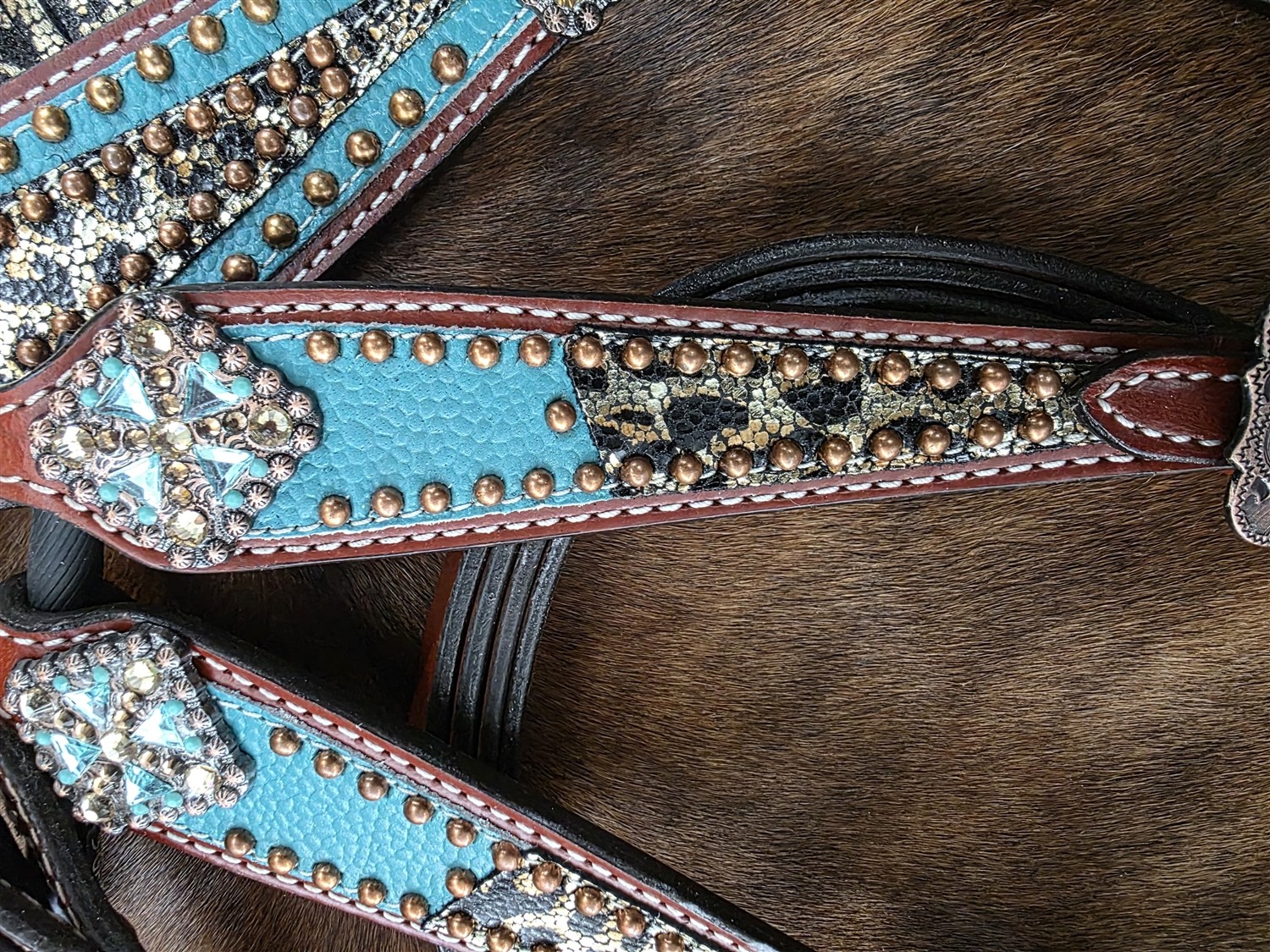 Western Headstall - Fringed Breastcollar - Reins - Metallic Leopard - Turquoise