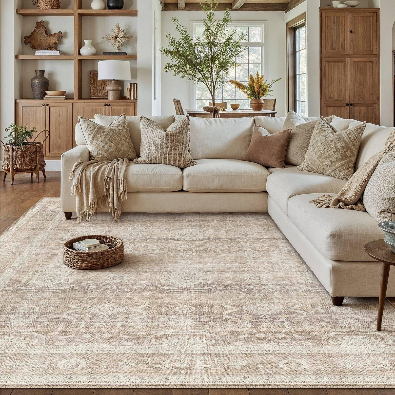 HUGEAR 6x9 Area Rugs Machine Washable Retro Beige Living Room Bedroom Rug Dis...