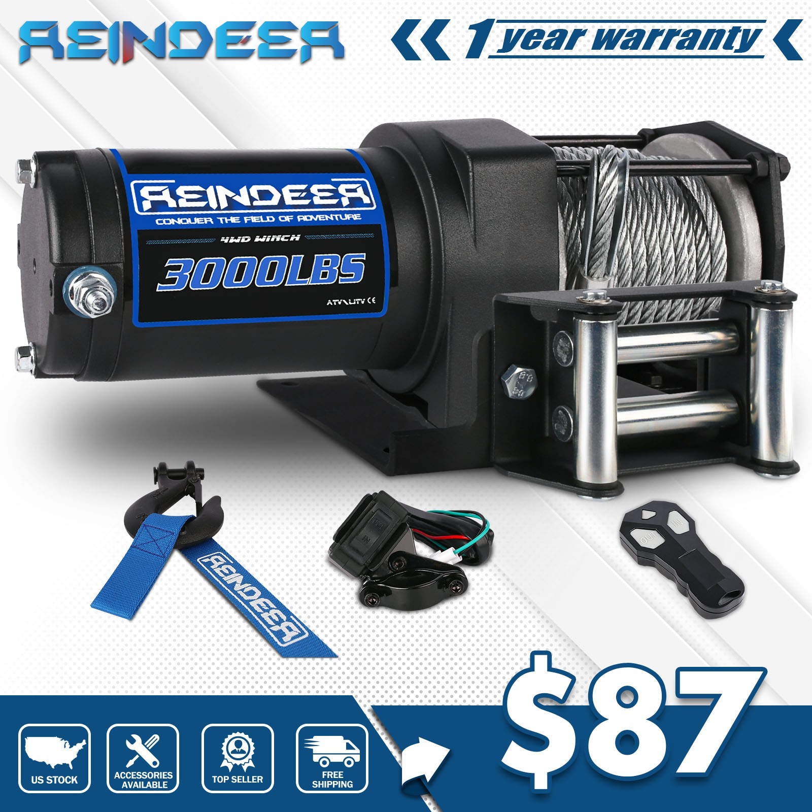 REINDEER Electric Winch 3000LBS 12V Steel Cable Towing Truck Trailer ATV UTV