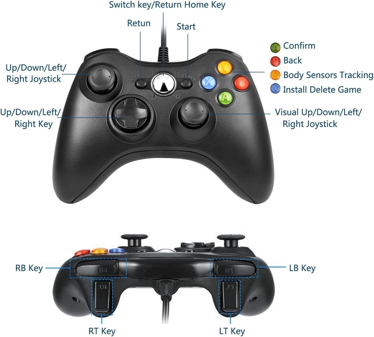Xbox 360 Wired controller Gamepad Controller for 360(Black) Black