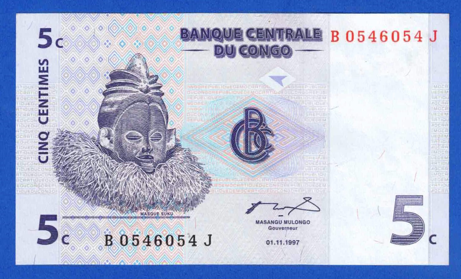S6 - DR Congo 5 Centimes 1997 Uncirculated Banknote P. 81 - Harp SN: B0546054J