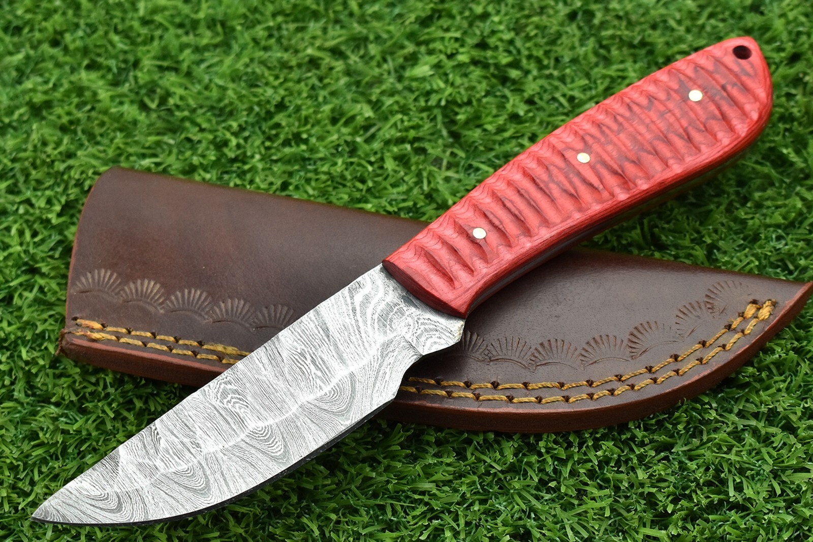Damascus steel forged handle scale skinning knife with Leather sheath -4476