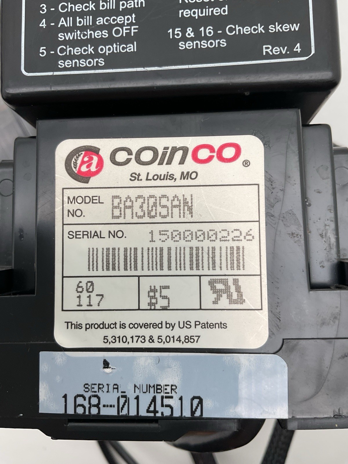 Coinco BA30SAN Dollar Bill Acceptor Validator Vending Machine