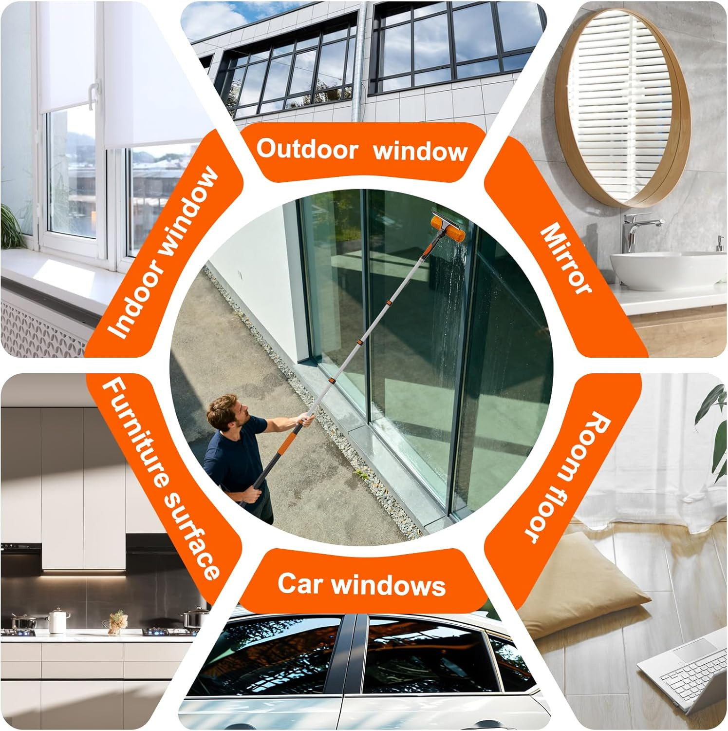 30FT Reach 2-in-1 Window Squeegee, Professional Window Washing Kit with 5-24FT E