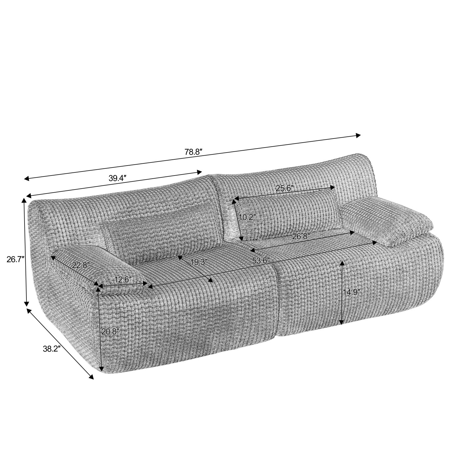 Modern Oversized 2-Seat Modular Sectional Sofa No Assembly Required Apartment