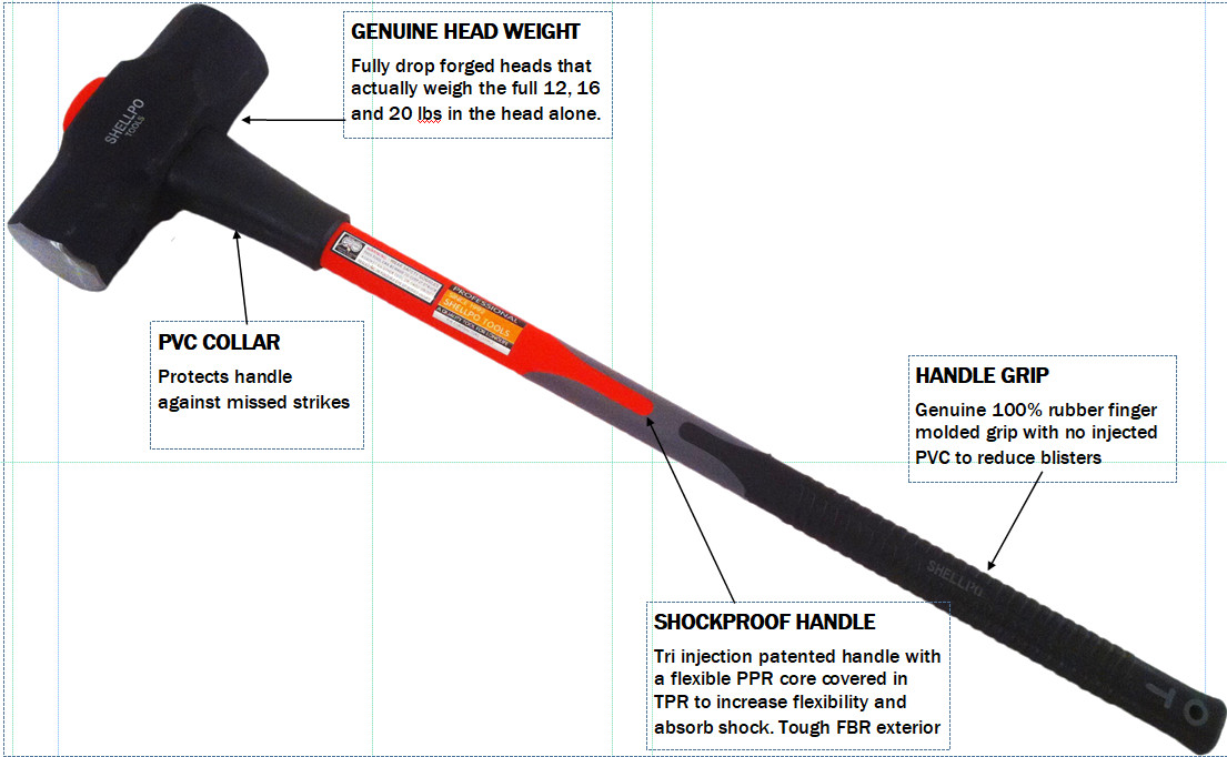 12 16 20 lb Sledge Hammer Forged Head 36 in FIberglass Handle Triple Injection