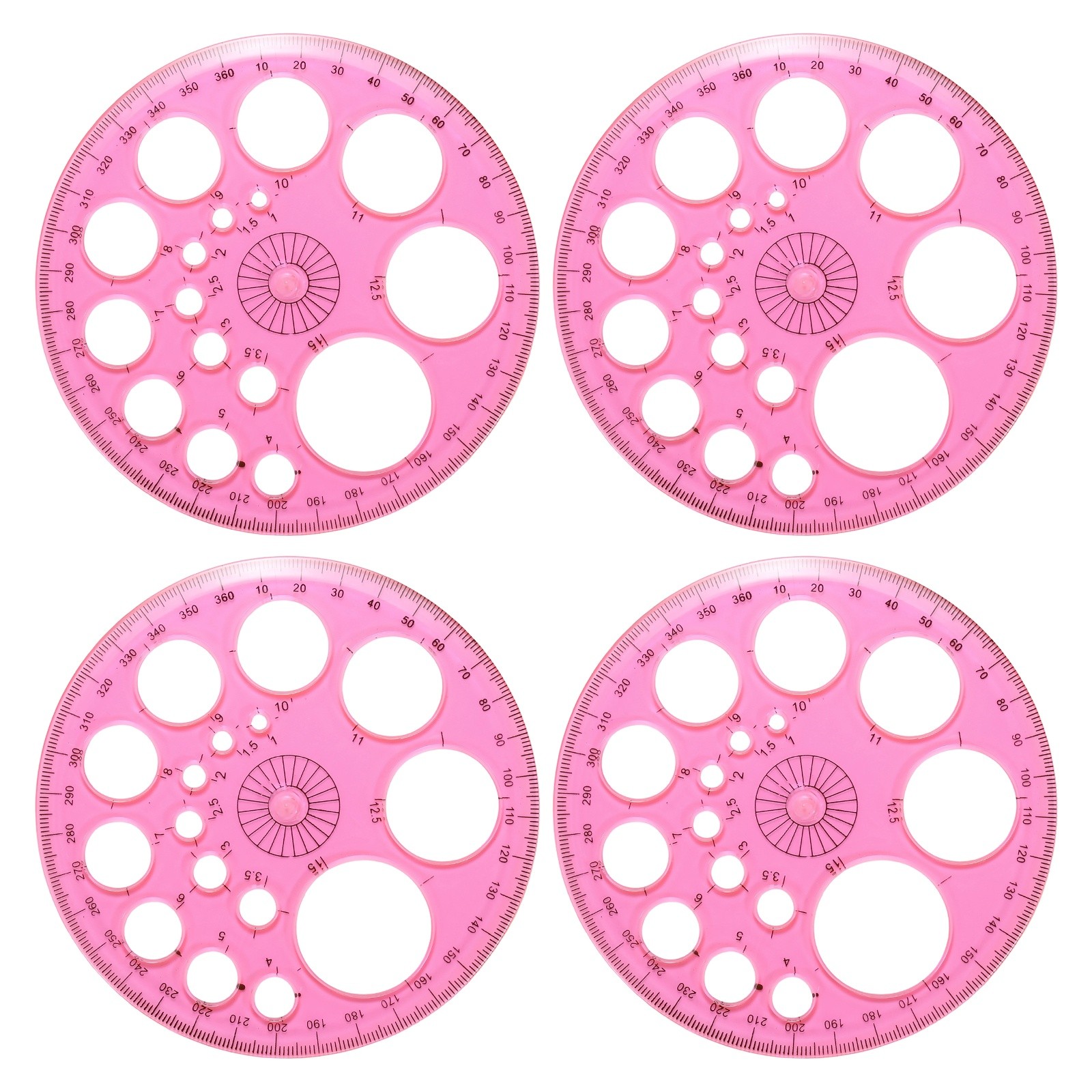 360-Degree Plastic Protractor, 4Pcs Circle Template for Office Supplies, Red