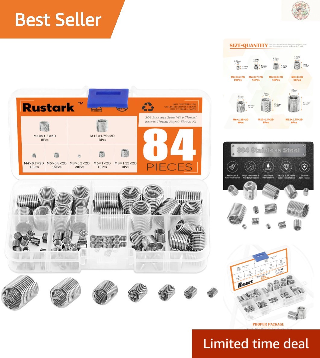 84 Pcs Helicoil Screw Repair Kit - 304 Stainless Steel Inserts in Assorted Sizes