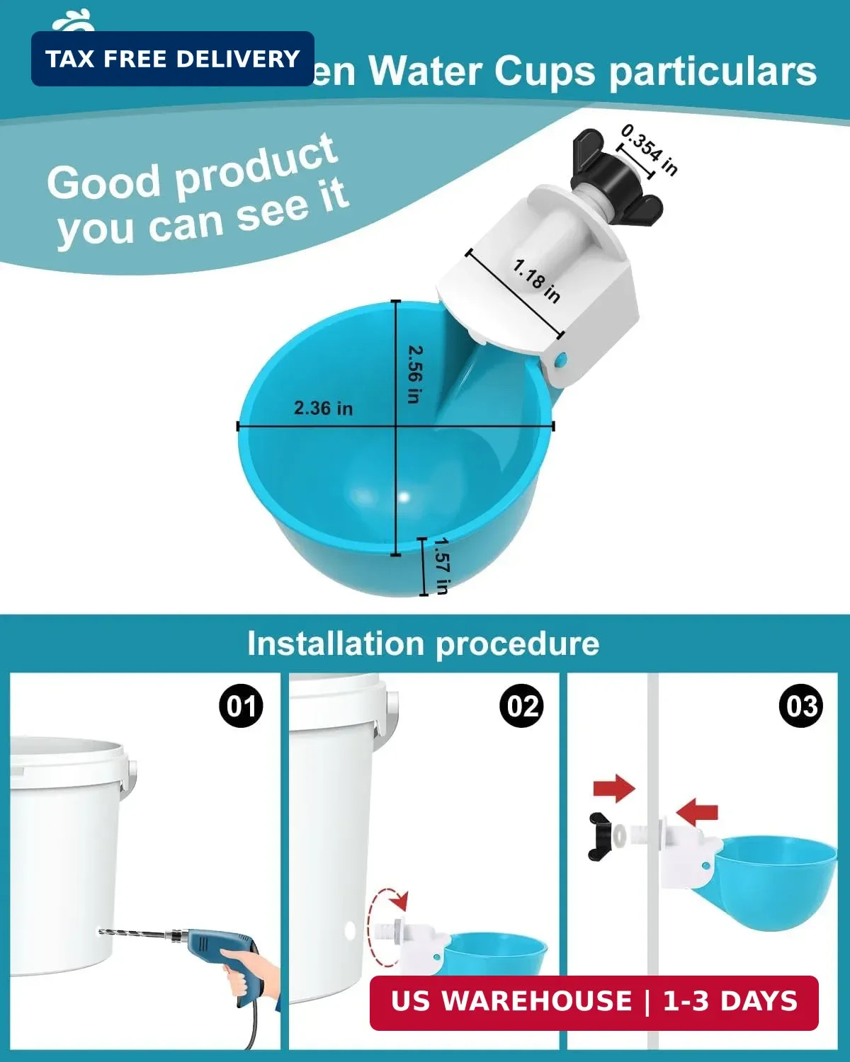 Chicken Waterer Cups (8 Pack) with 3/8" Drill Bit - Light Blue | Automatic Poult