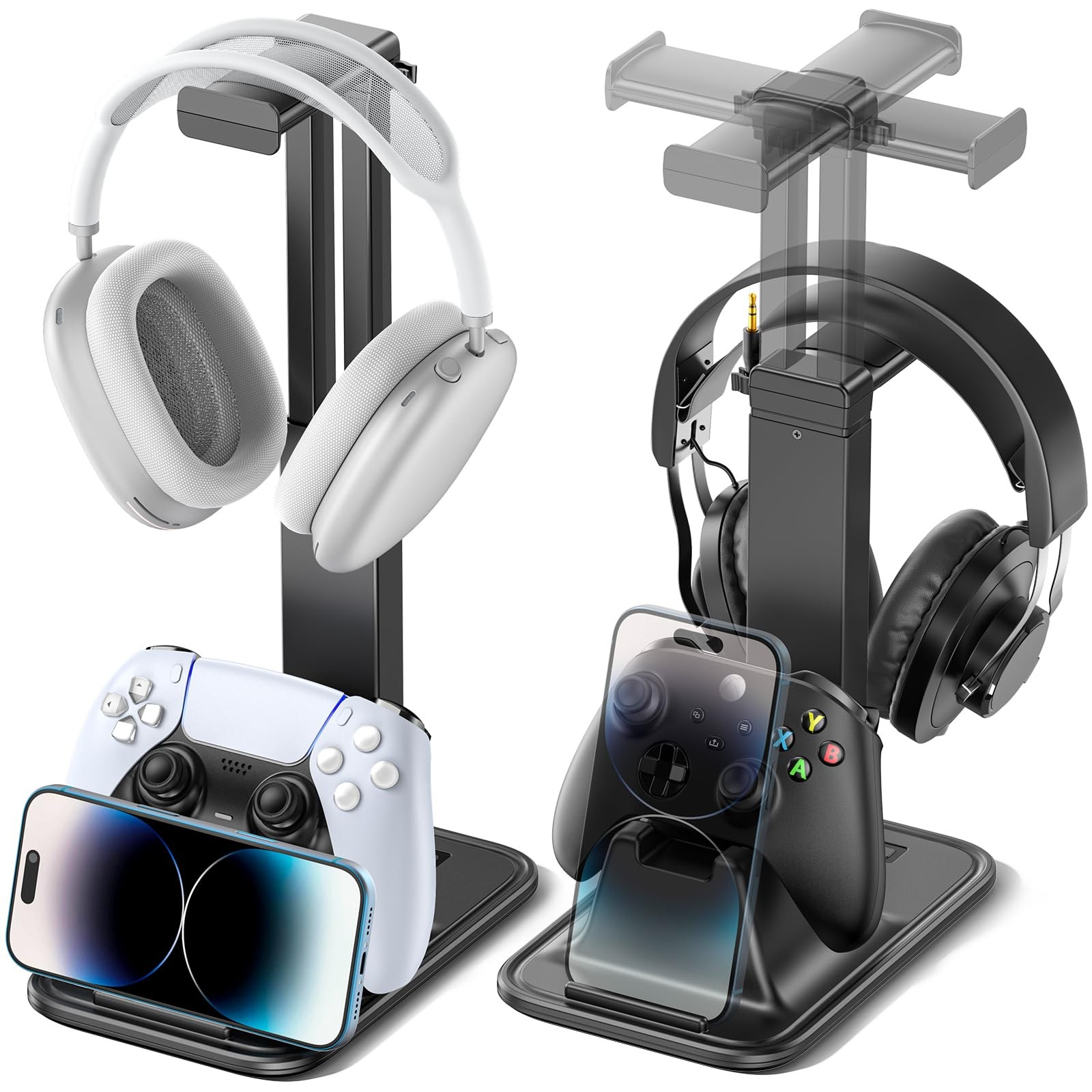 Gaming Headset & Controller Stand, Rotating Headphone S-Black-Standard, Black