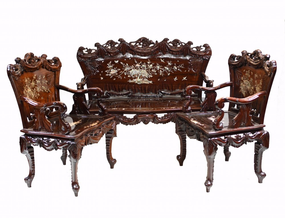 Chinese Hardwood Bench and Chair Set Suite Mother of Pearl 1900