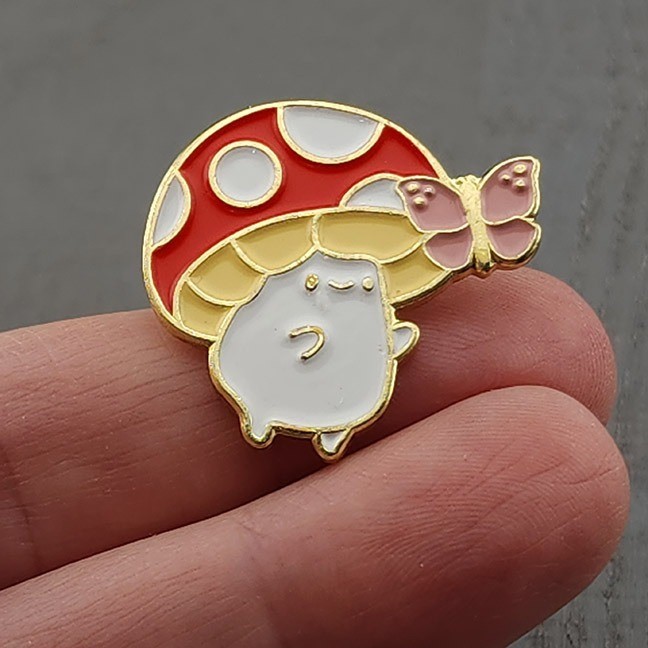 Adorable Mushroom Pin with Butterfly, goldtone metal enamel pin