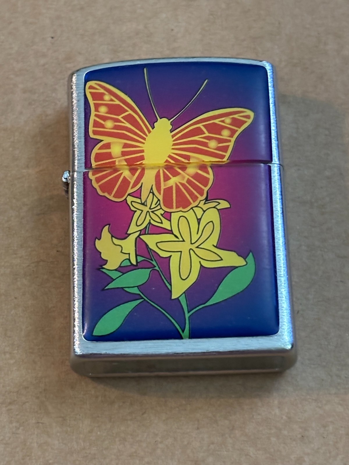 Butterfly & Floral Art Petrol Lighter (Unbranded, Working Condition)