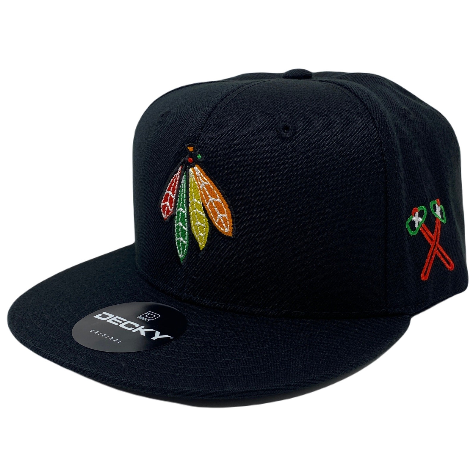 Indian Feathers Tomahawk Snapback Hat All Black
