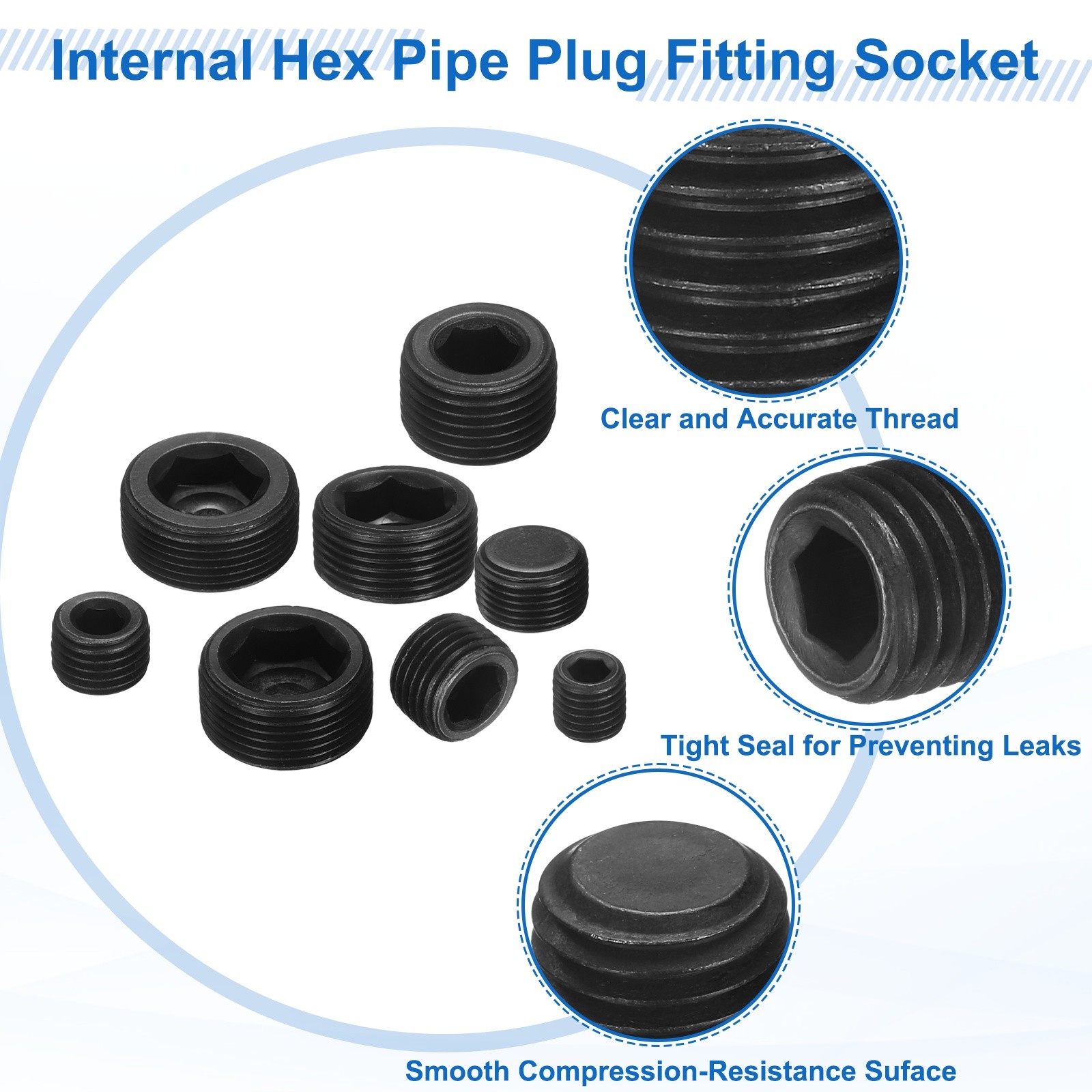 5Pcs NPT 1/8 Carbon Steel Male Thread Internal Hex Pipe Plug Fitting Socket