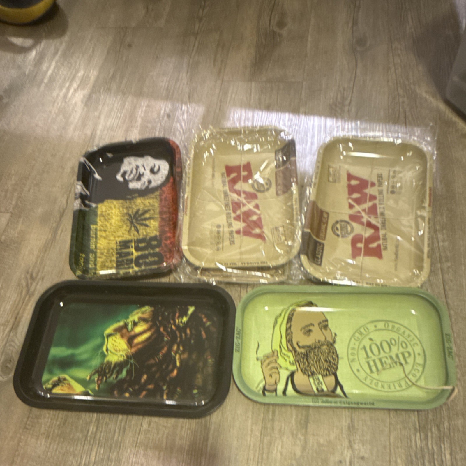 RAW Lot of 5 Rolling Trays w/ Bob Marley & 100% Hemp (Assorted Designs)