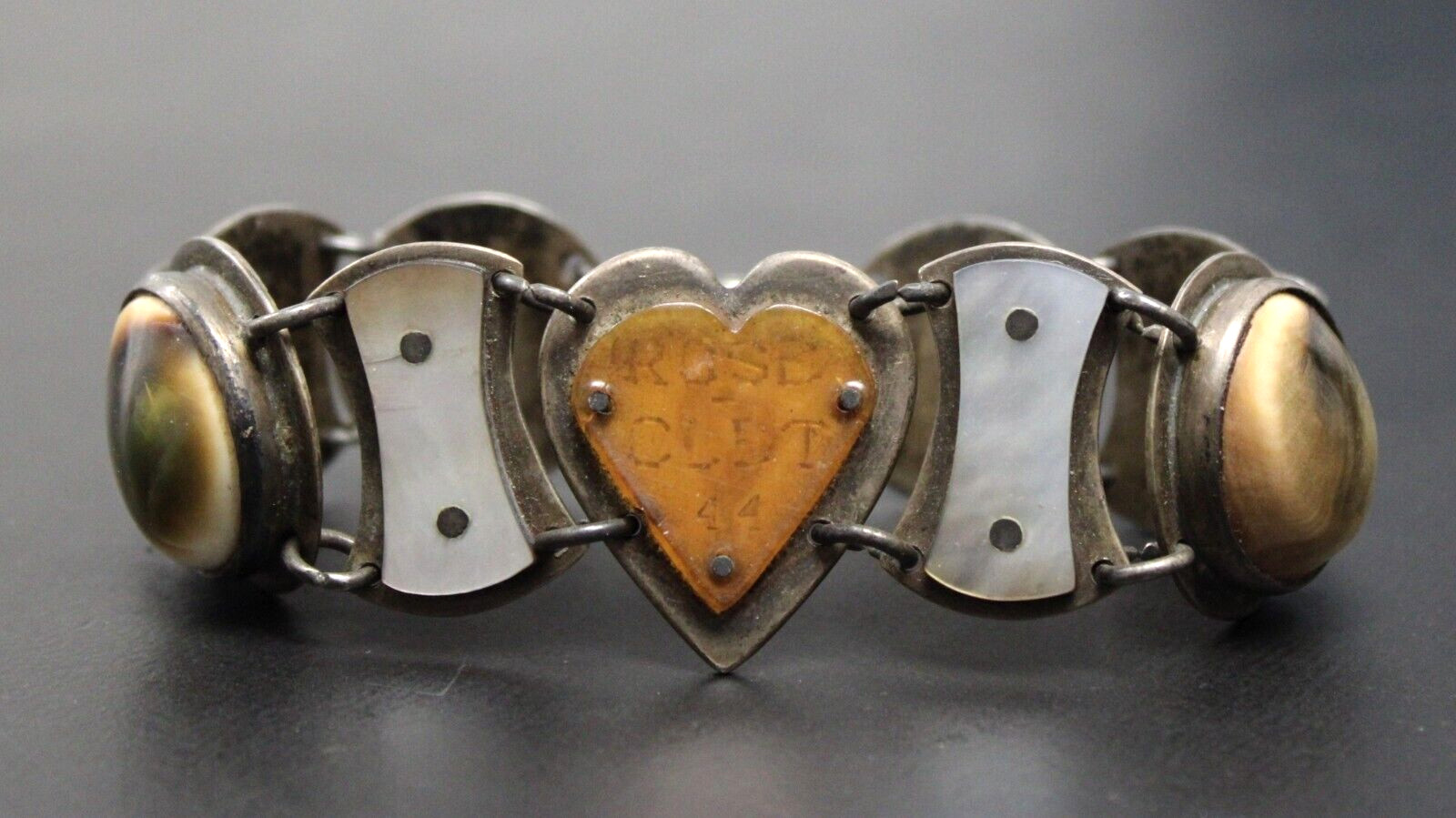 1944 Silver WW2 Sweetheart Panel Bracelet Made From Coins & Shells 7" 59.6g
