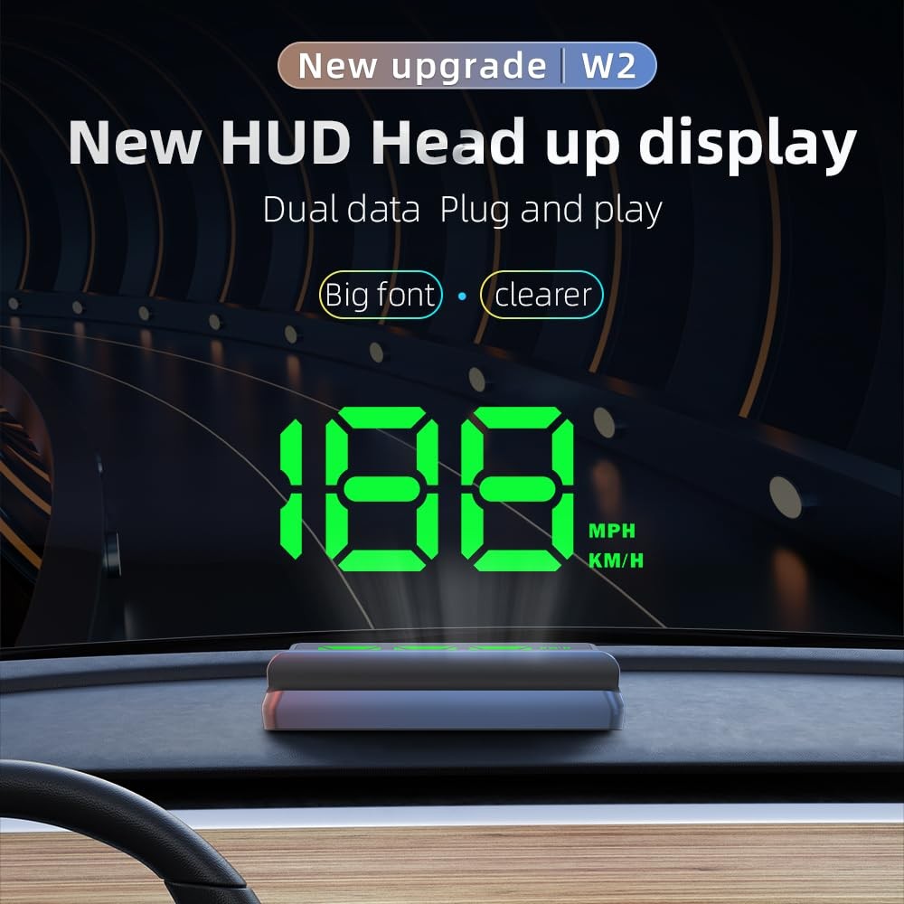 W2 White Head Up Display for Car Large Font Speed Projection, Auto Light Sensor