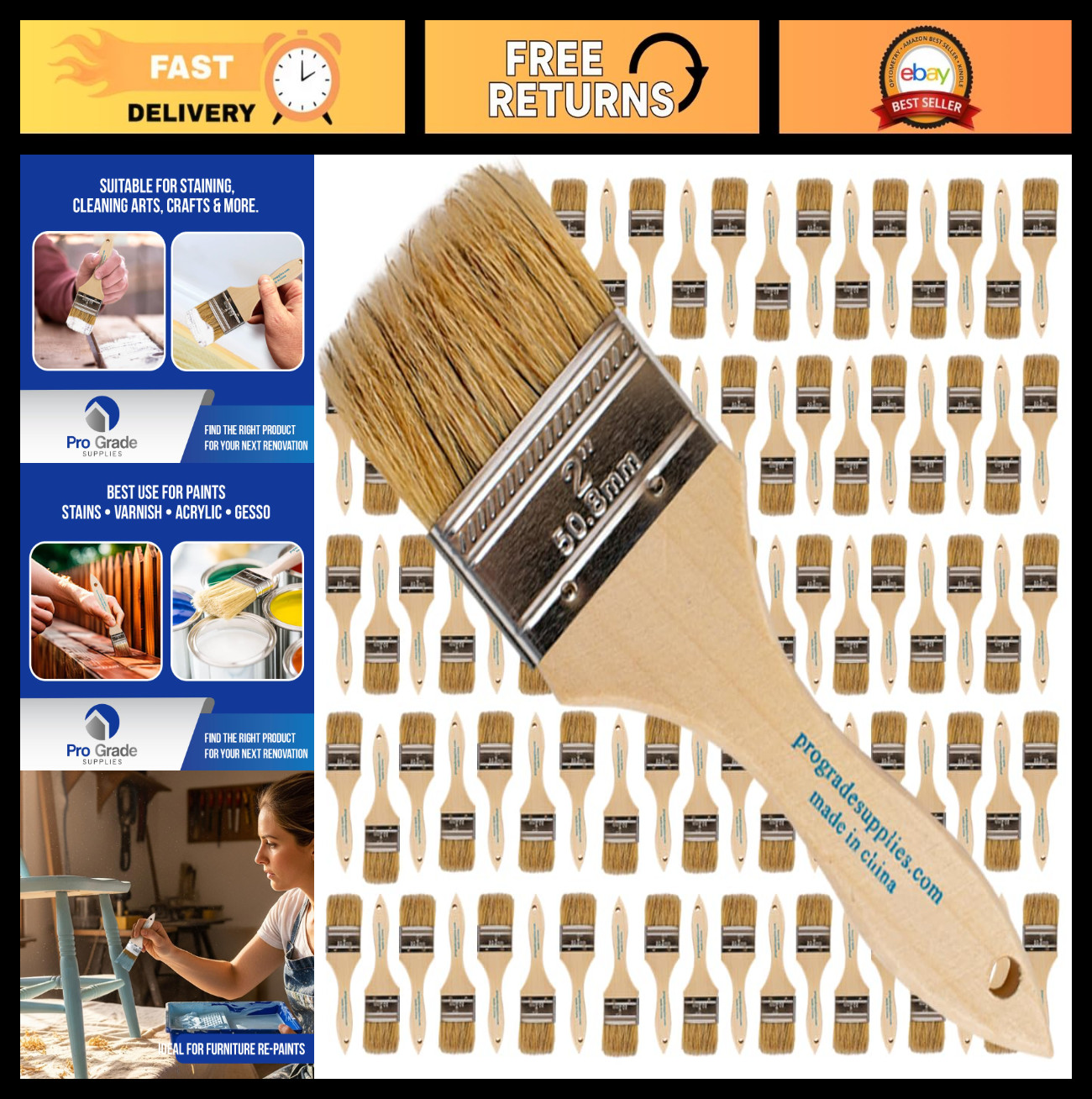 96 Pack 2 Inch Chip Paint Brushes - Versatile for Paints, Stains & Varnishes