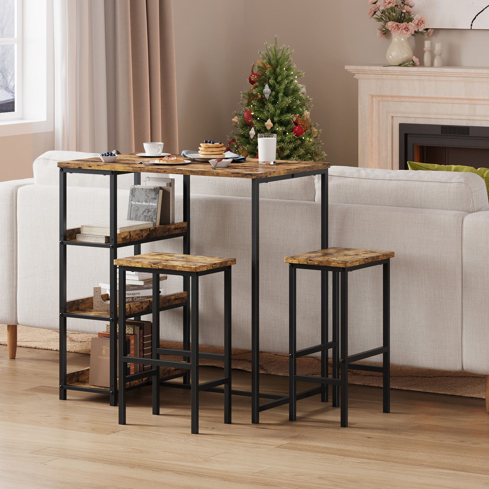 3-Piece Kitchen Table Set with Storage Shelves & 2 Bar Stools for Small Spaces