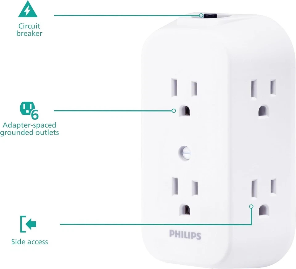 Philips 6-Outlet Extender, Grounded Wall Tap, Reset Button, Circuit Breaker, Ada