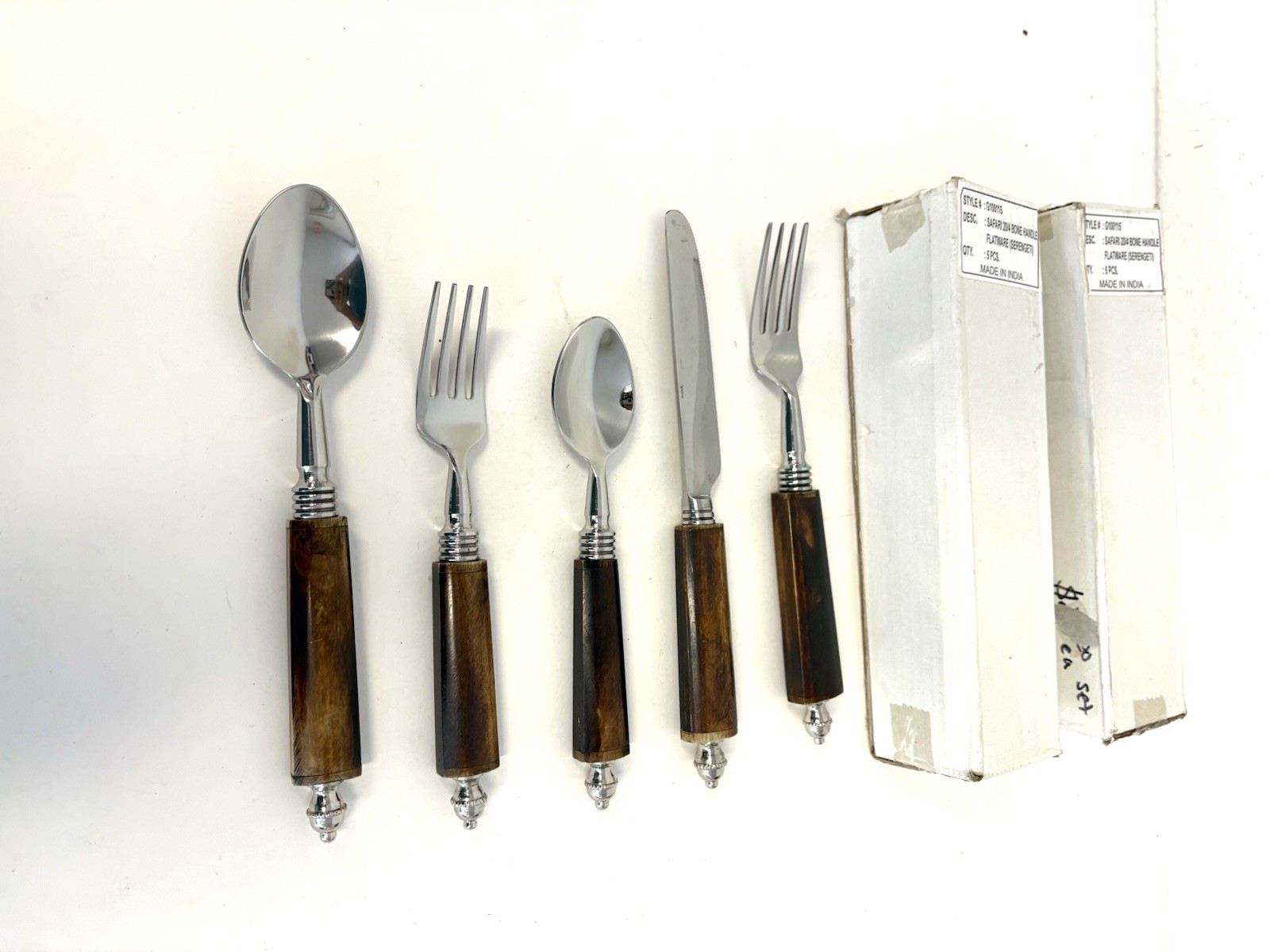 Safari Bone Handle Serengeti 15pc Flatware 3 Boxes (5 pc Set Each Box) NEW INDIA