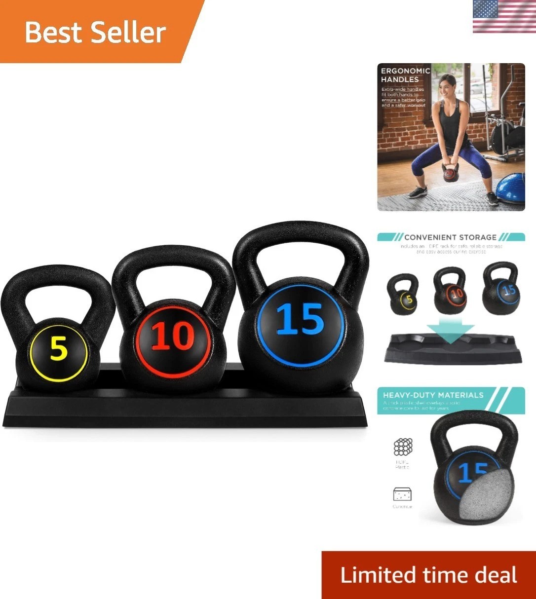 Versatile Exercise Kettlebell Set (5-15lb) with Storage Rack for Optimal Fitness
