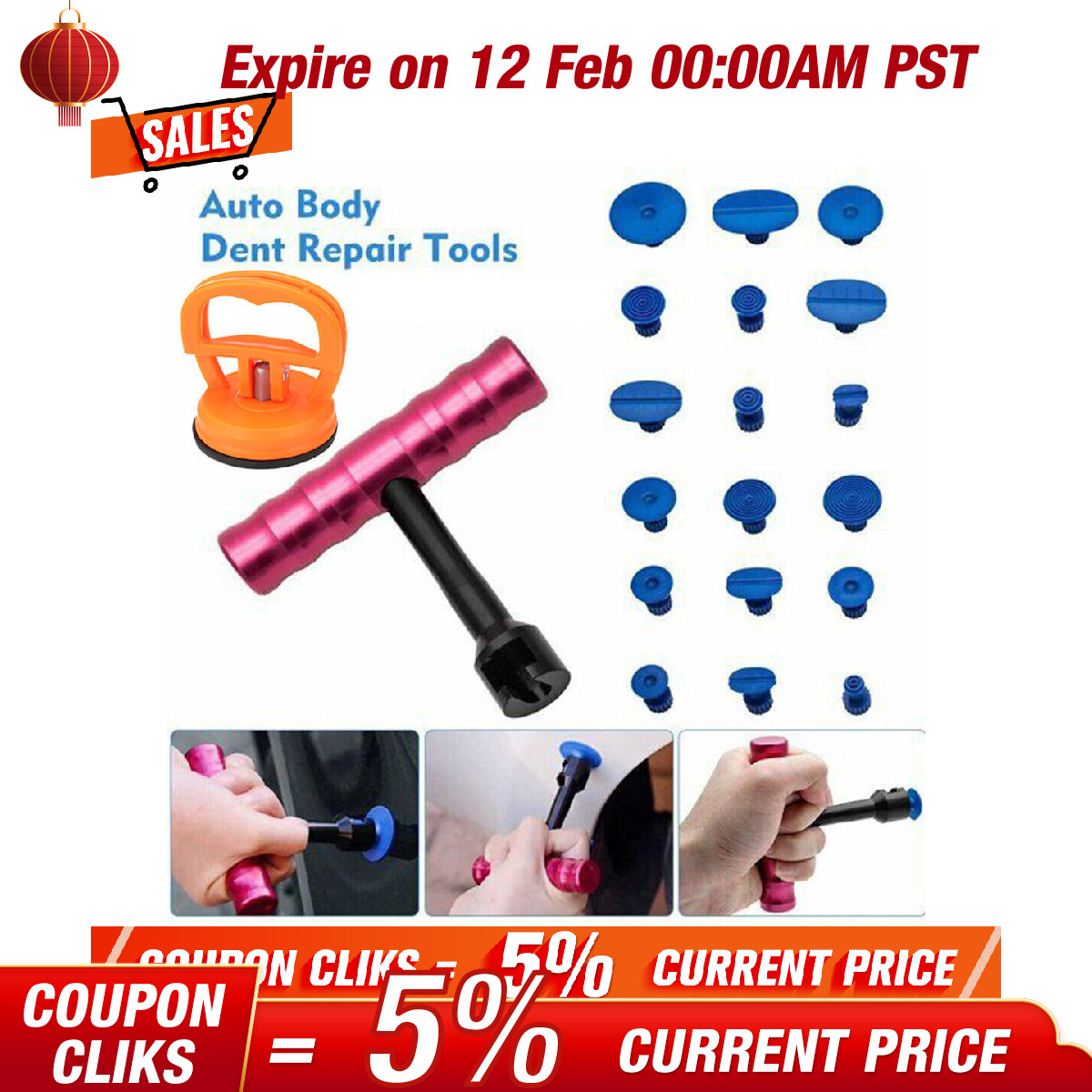 Car Body Paintless Dent Repair Removal Tool Kit Puller Lifter T-Bar with 18 Tabs