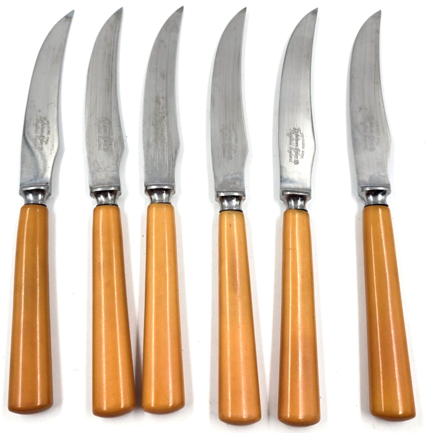 Englishtown Cutlery Sheffield England 6 Orange Bakelite Stainless Steak Knives