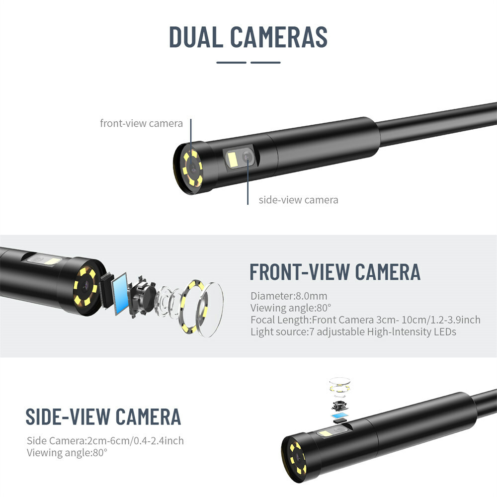 2.0MP HD Industrial Endoscope Borescope 7"IPS Screen 8mm Inspection Snake Camera