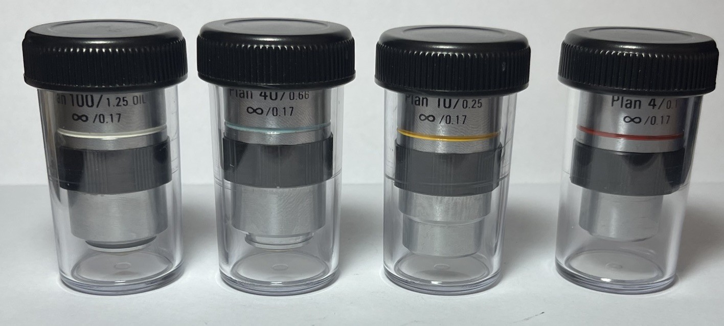 ACCU-SCOPE Plan Microscope Objectives Lot 4x, 10x, 40x, 100x Oil ∞/0.17
