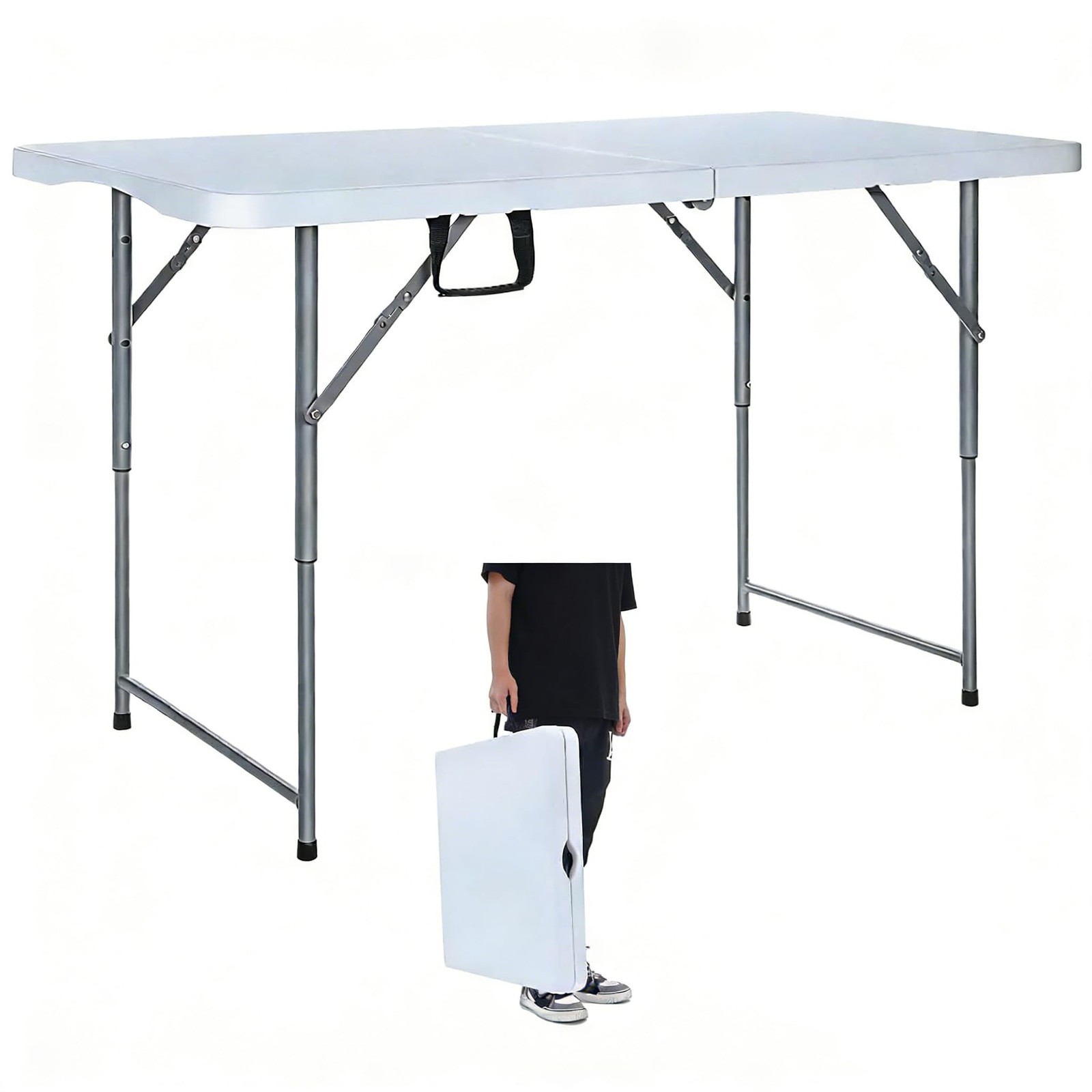 Folding Table 4 Foot Adjustable Height with Built in Handle, White