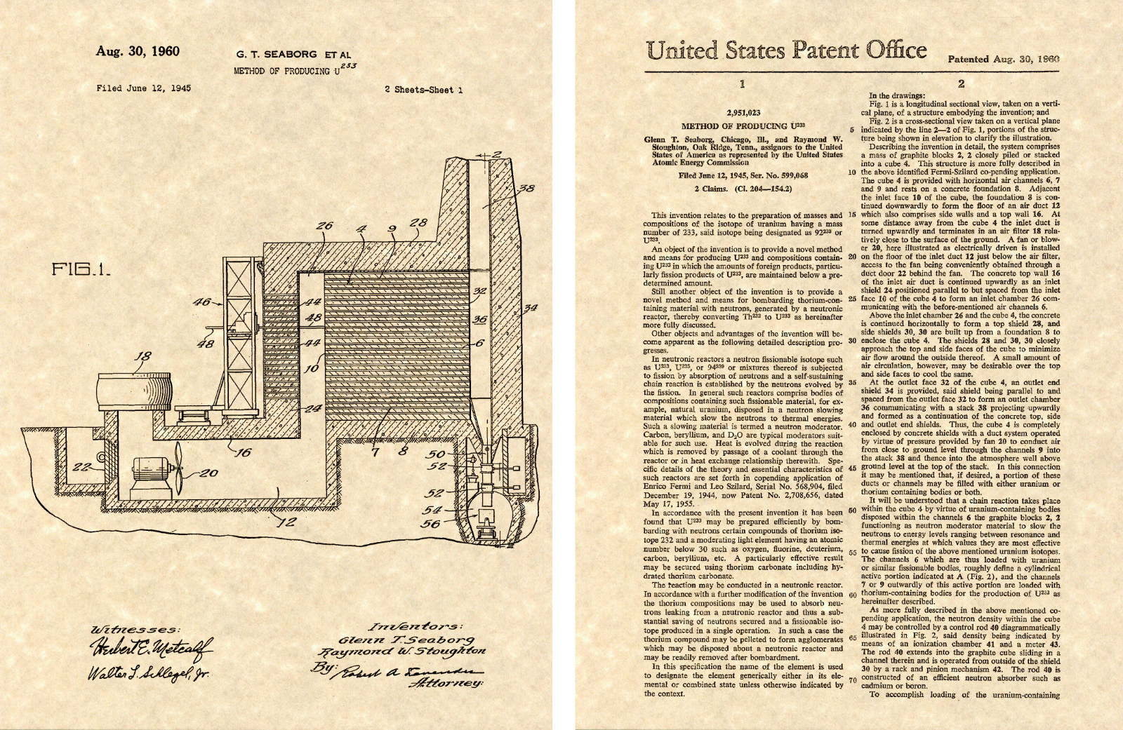 US Patent Art Print for PRODUCTION of NUCLEAR URANIUM 1945  READY TO FRAME!!!!!