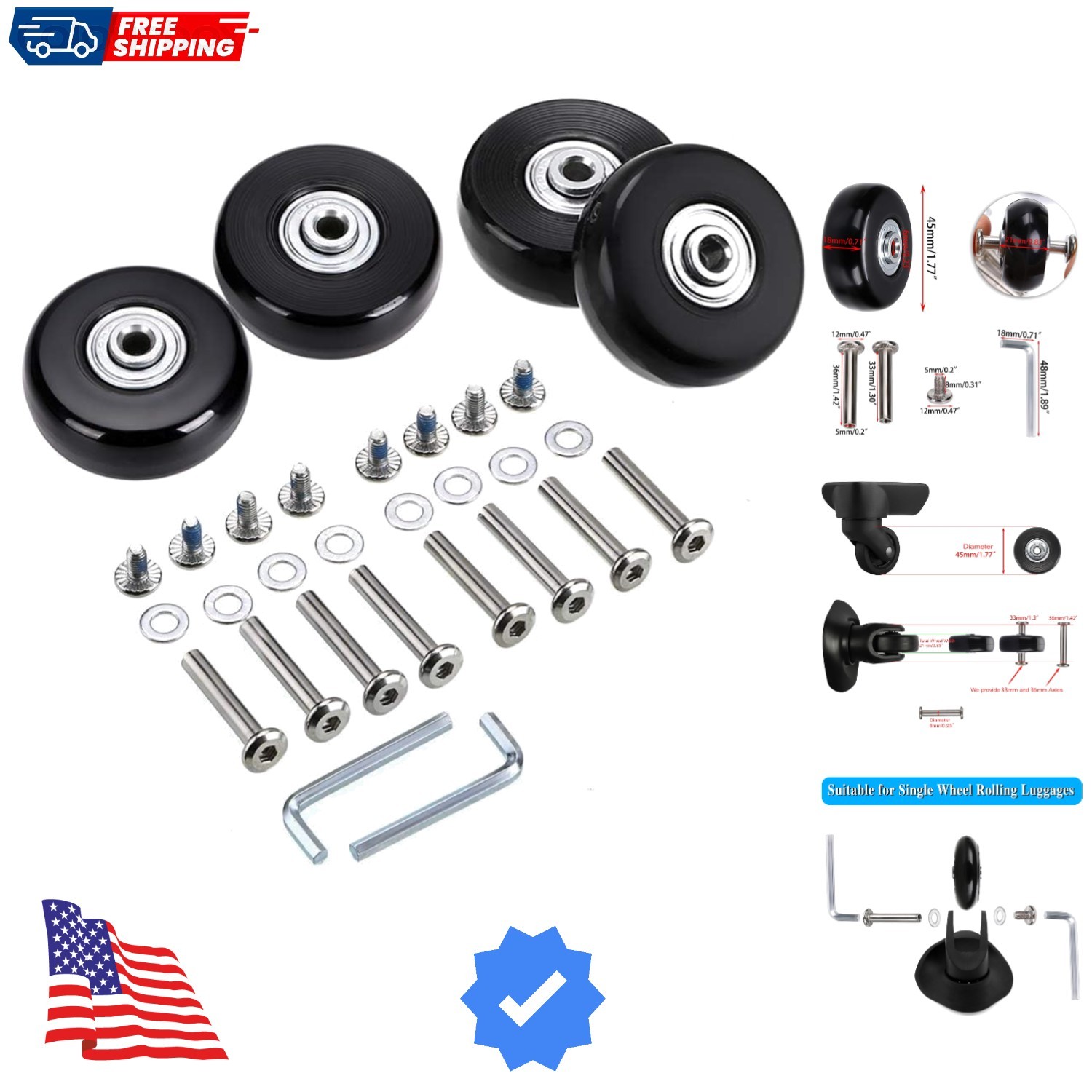45mm x 18mm Luggage Suitcase Replacement Wheels, Rubber Swivel Caster Wheels ...