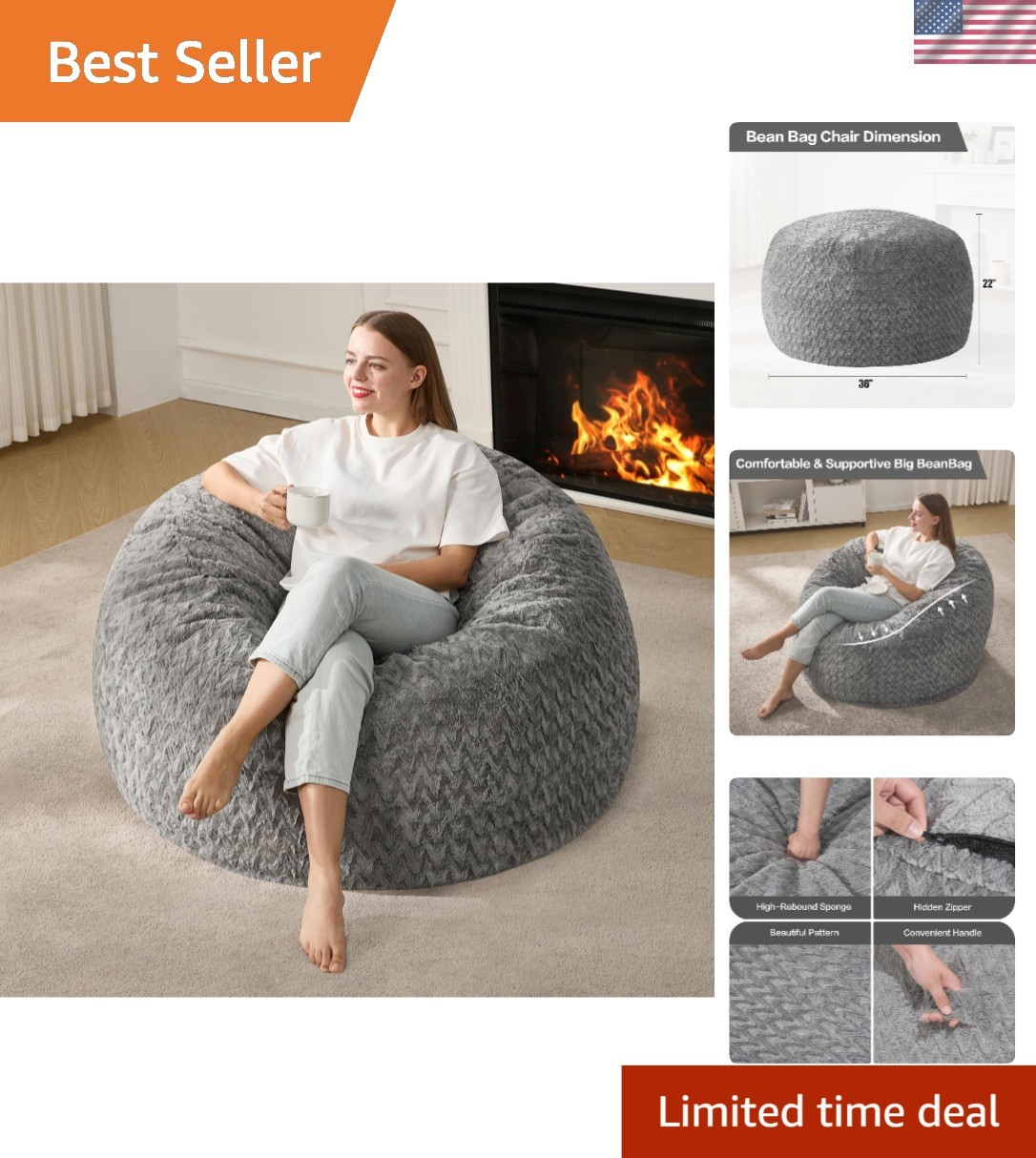 Large Bean Bag Chair for Adults 3ft Lounge Soft Faux Fur Grey Casual
