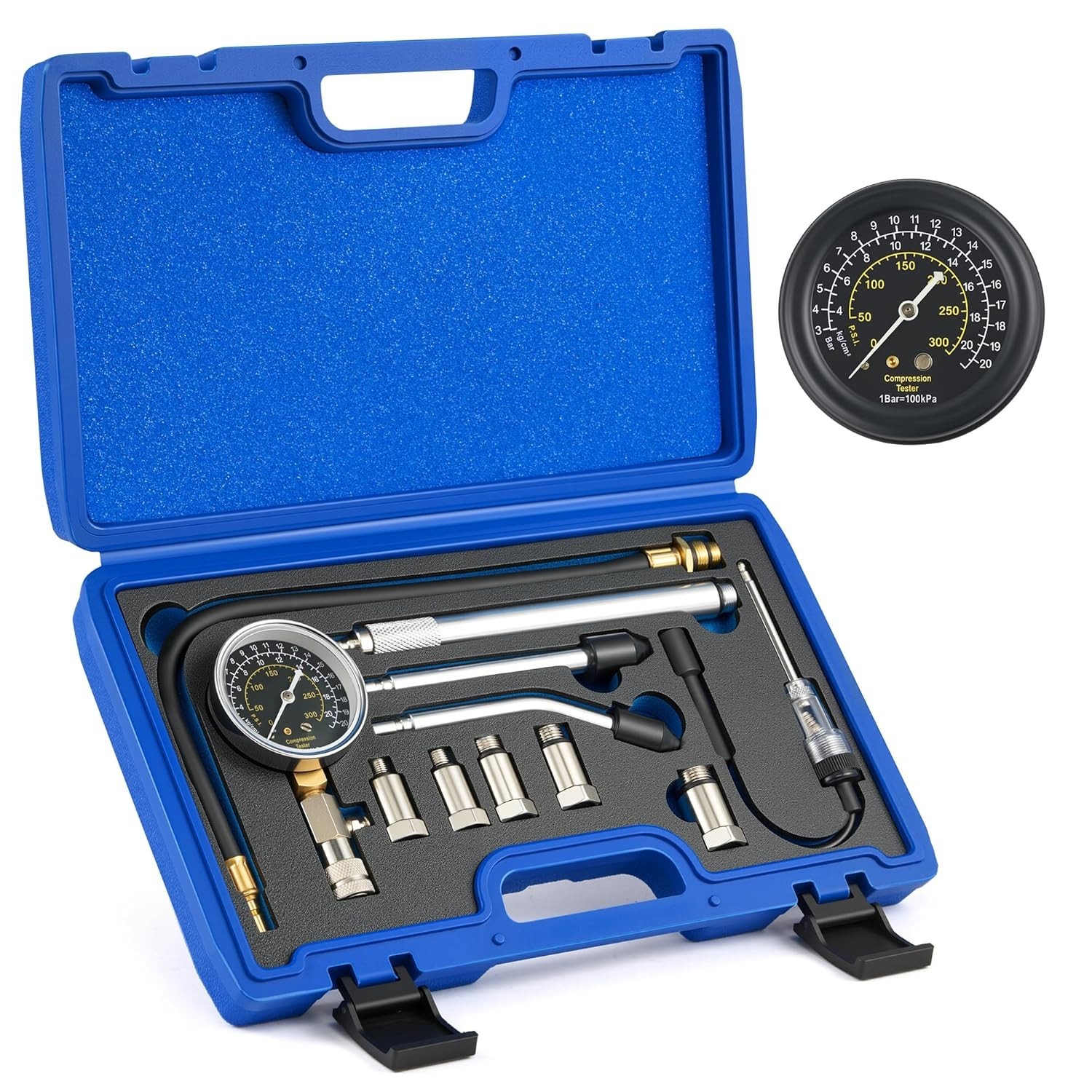 Precision Engine Cylinder Compression Tester - 11 pc Kit with Adapters and Gauge