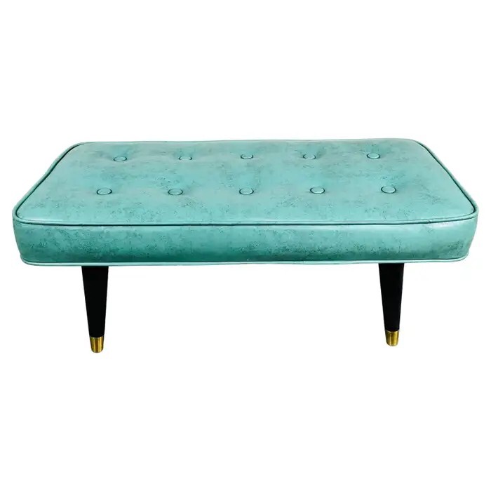 Vintage Mid-Century Milo Baughman Style Turquoise Tufted Bench