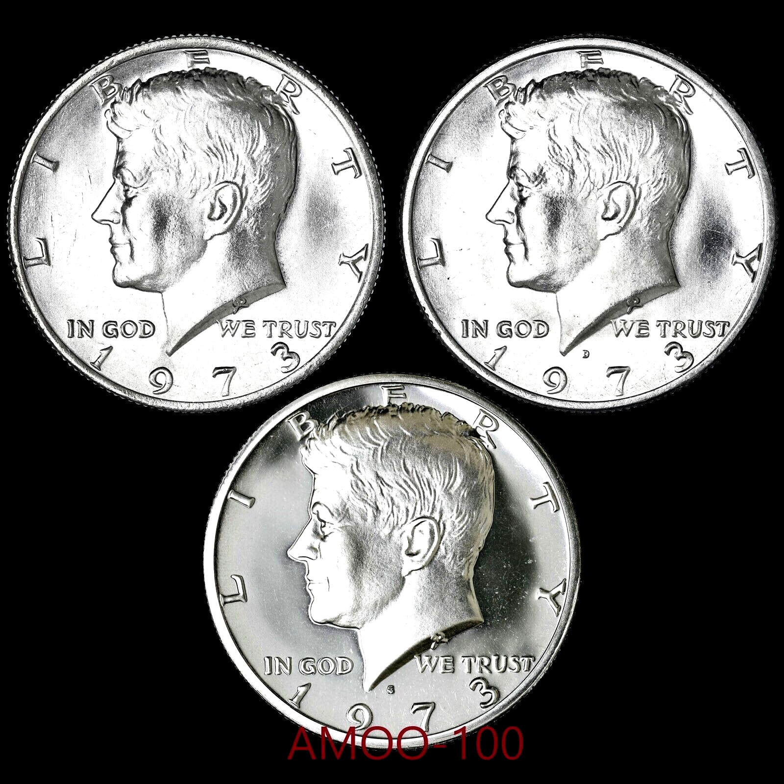 1973 P D S - Proof and 2 Uncirculated P & D Kennedy Half Dollars 3 Coin Set